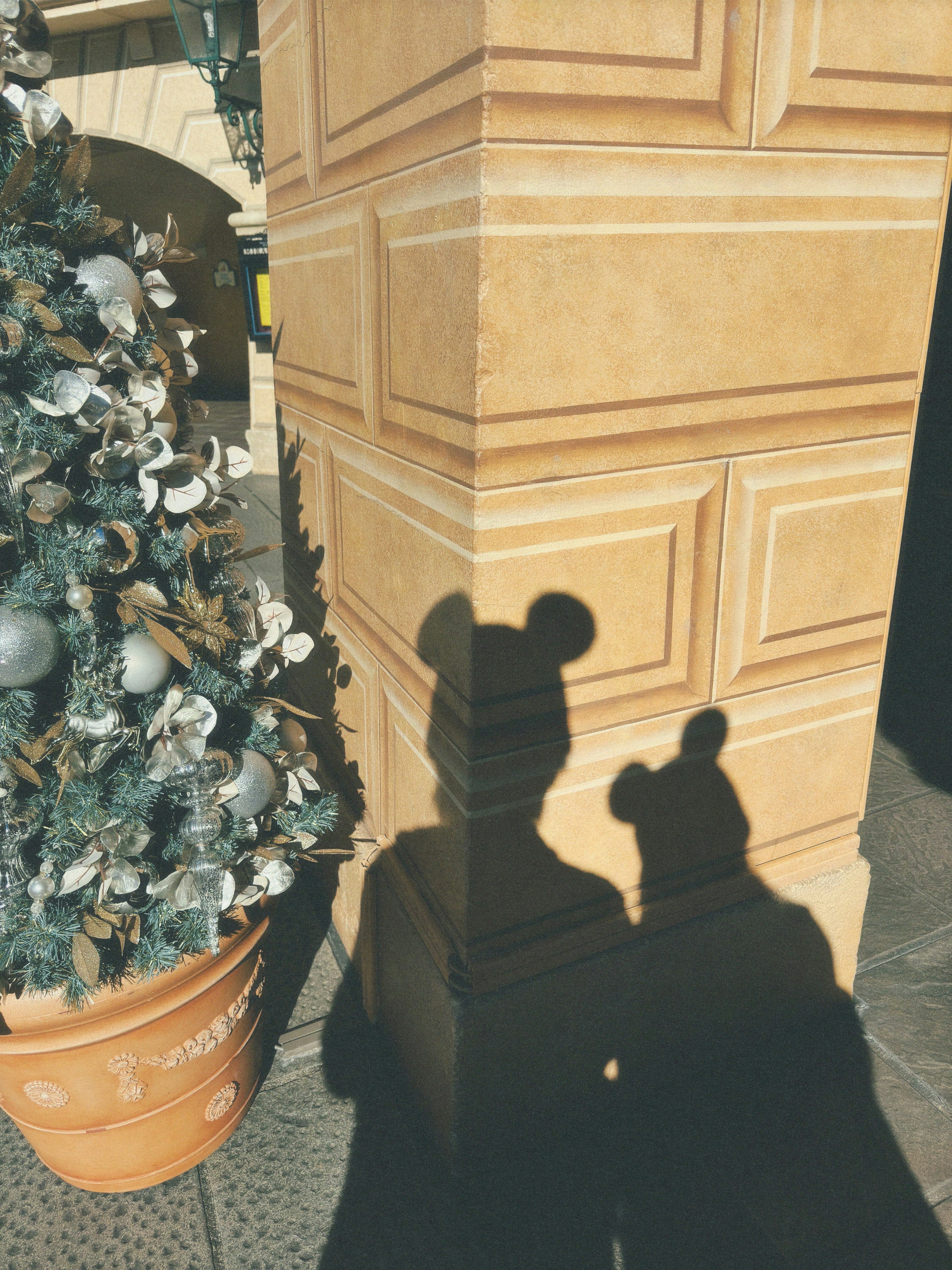 Shadows of two people wearing Mickey Mouse hats near a decorated tree