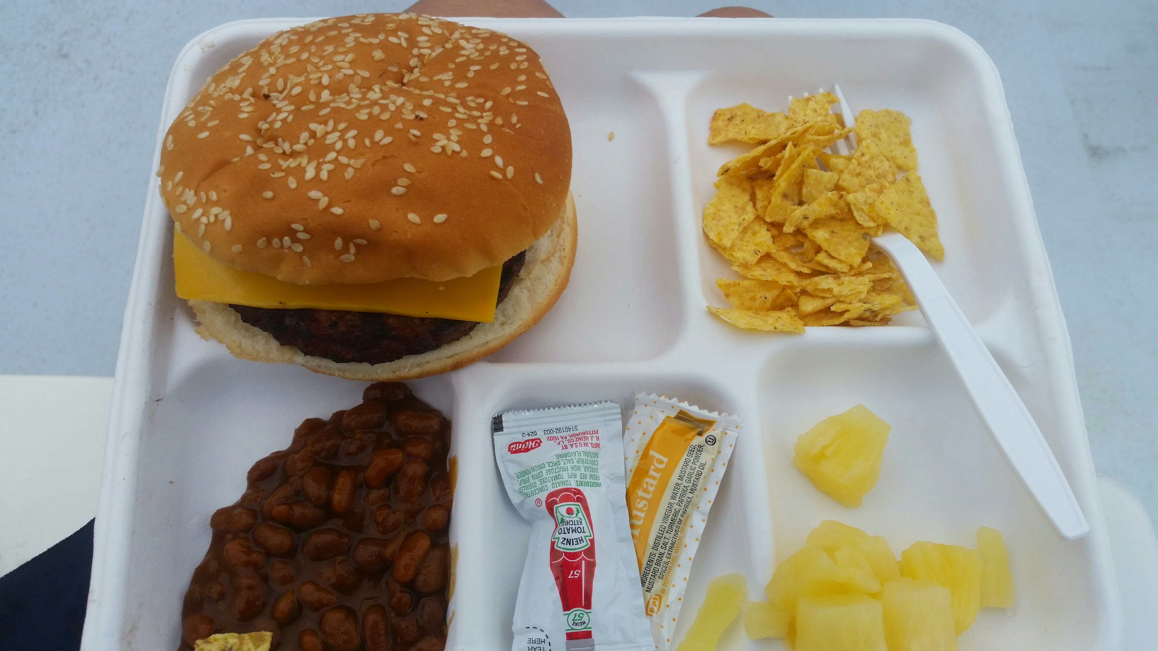 Cheeseburger with sesame bun alongside baked beans, pineapple, cornflakes, and sauce on a meal tray