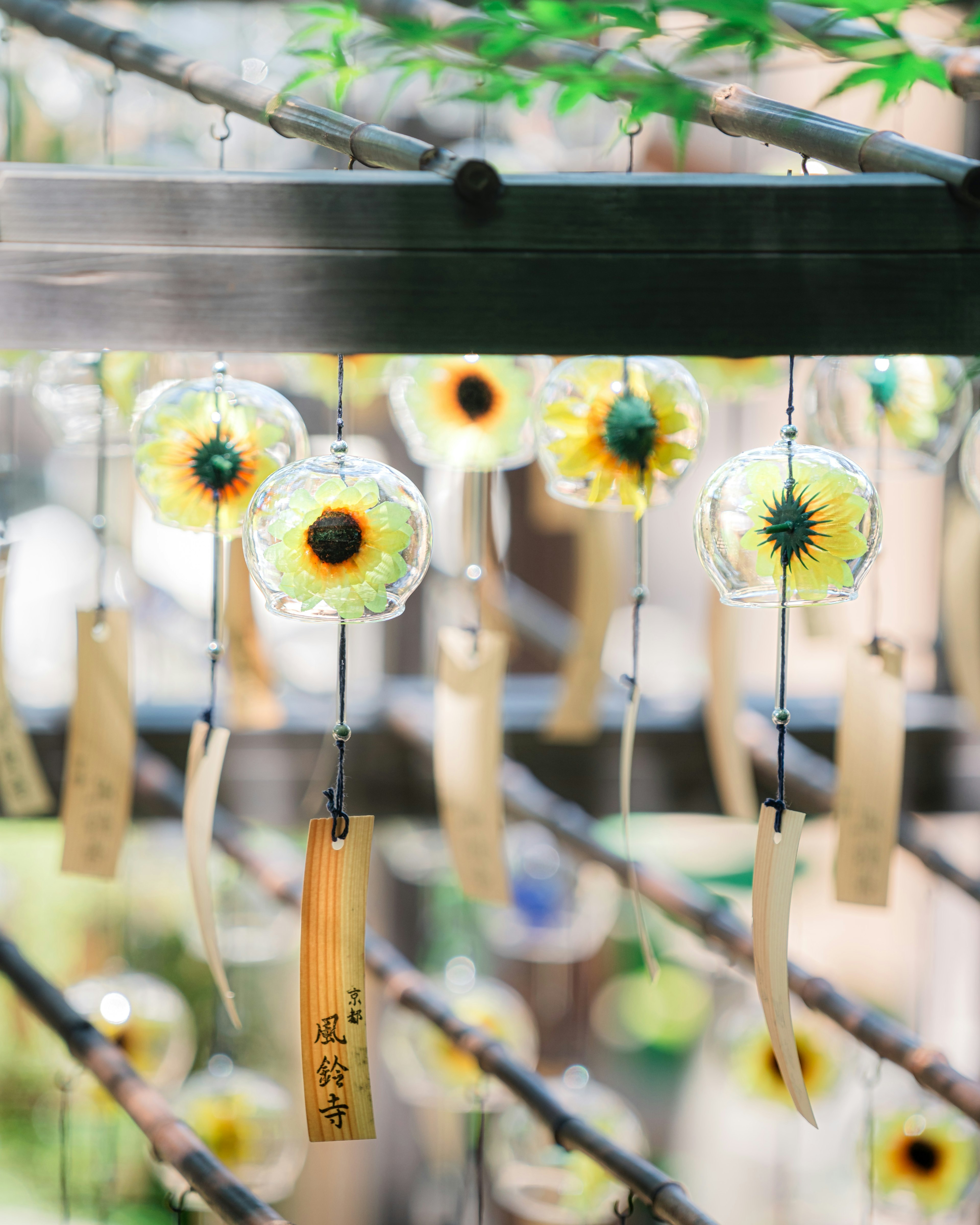 Bunte Windspiele hängen in einer Szene Helle Sonnenblumenmuster und Bambustags sind zu sehen