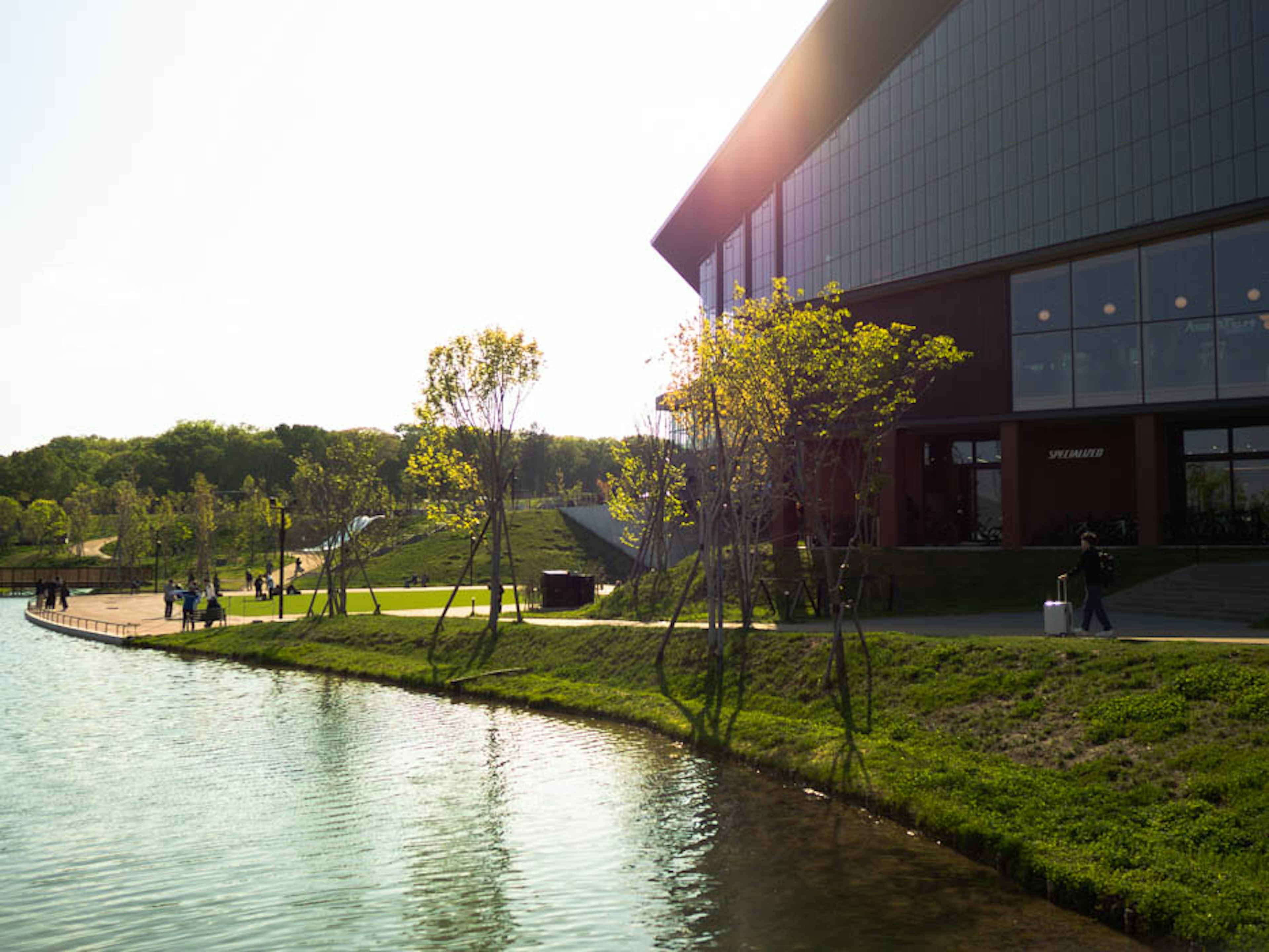 Bright park scene featuring a lakeside view and modern building