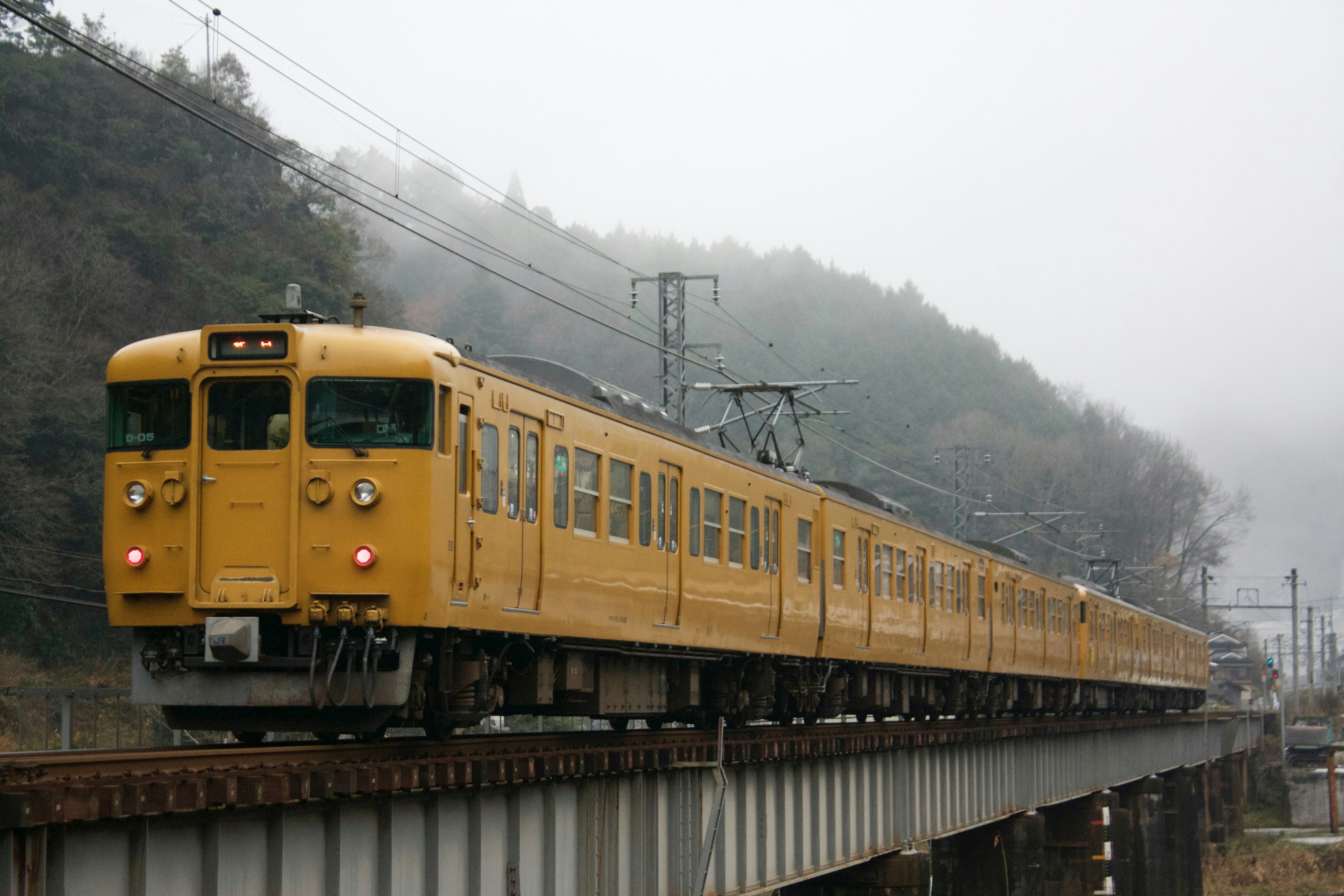 霧の中を走る黄色い電車が橋を渡る風景