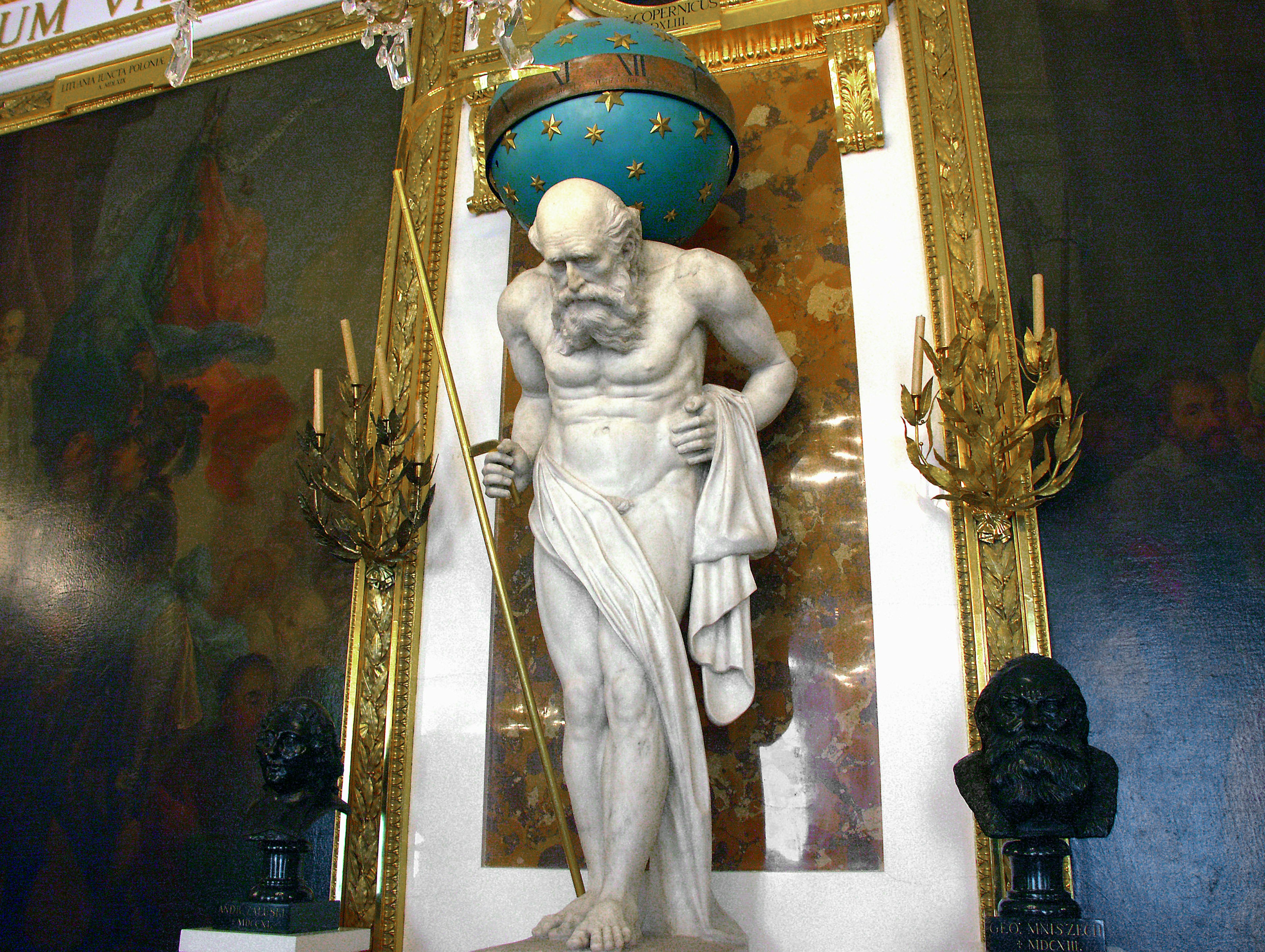 Marble statue of Hercules holding a blue globe standing majestically