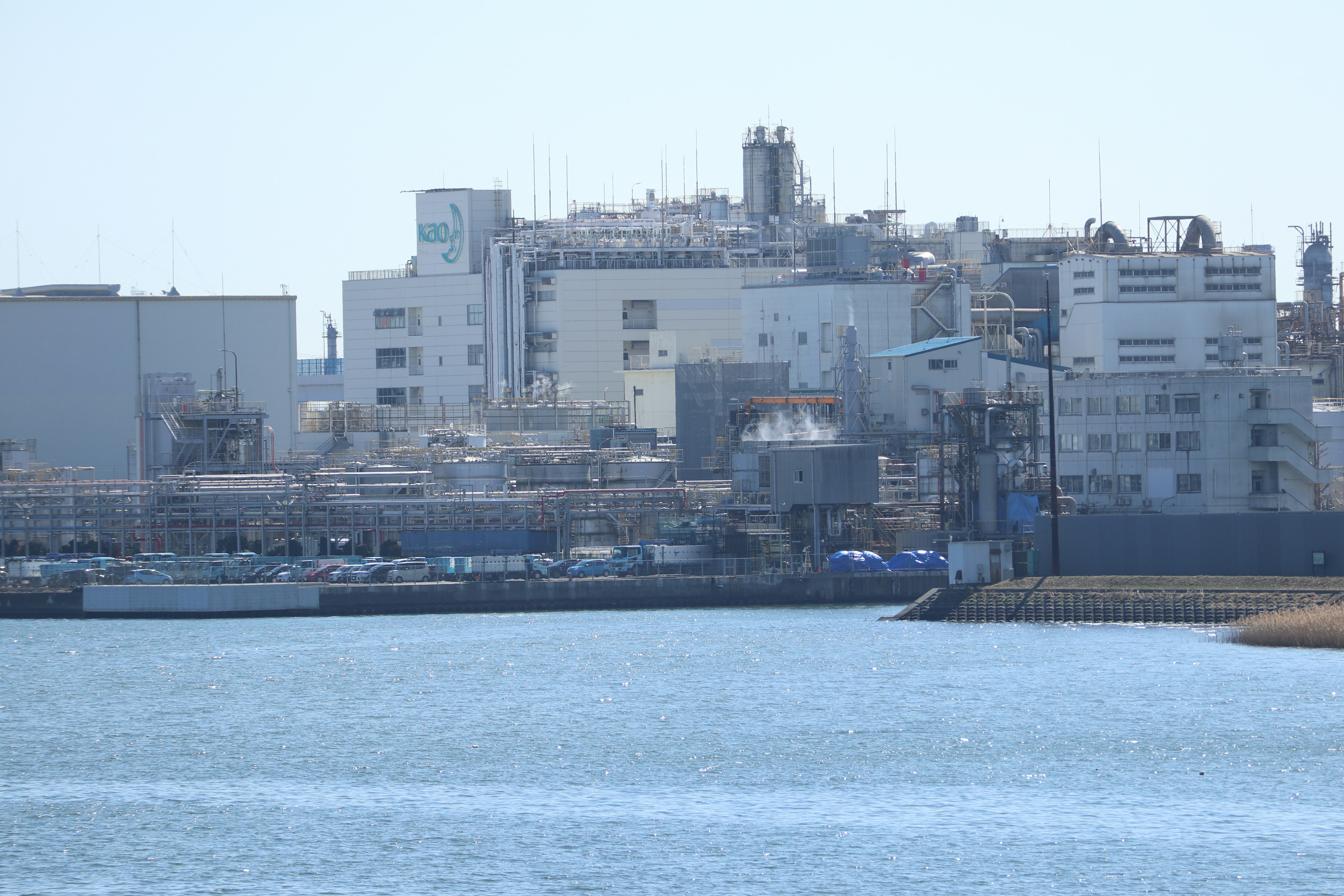 Complejo industrial a lo largo de la costa con agua tranquila