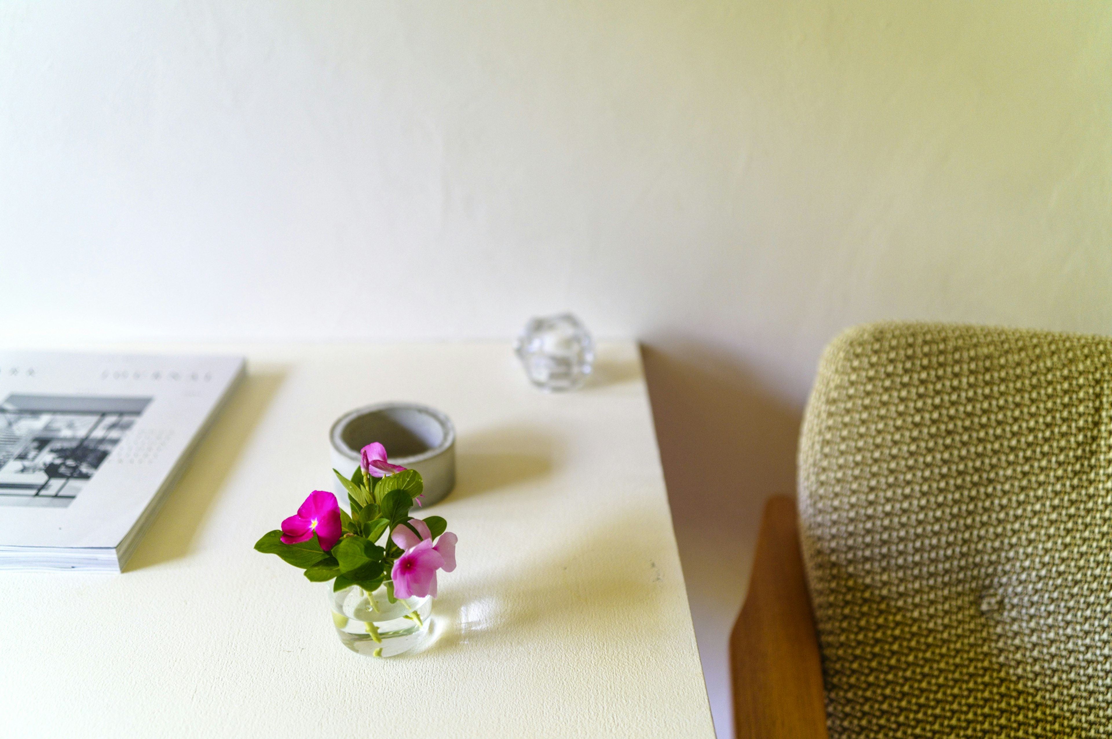 Una scena interna semplice con un piccolo vaso di fiori rosa e un libro su un tavolo bianco