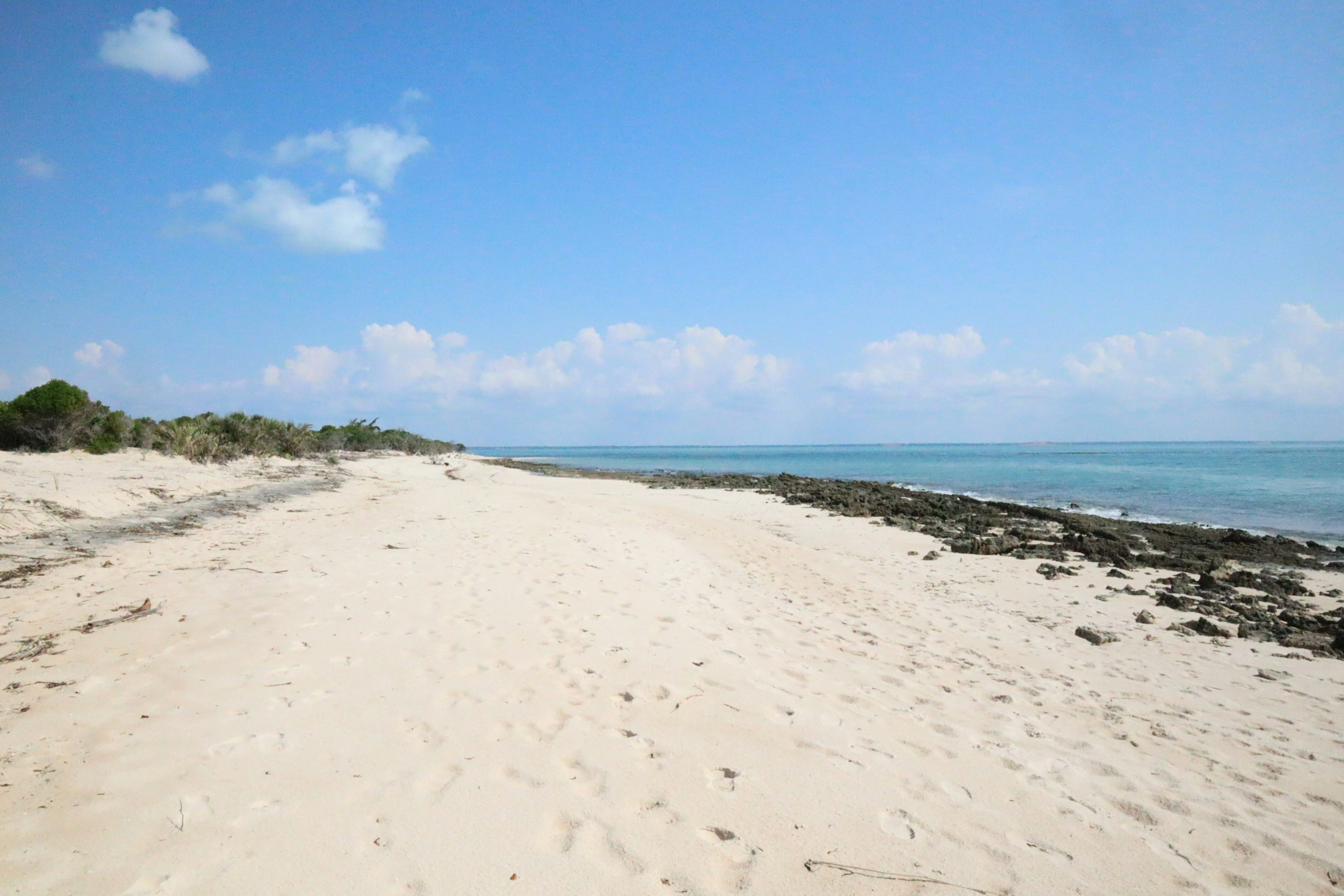 ทิวทัศน์ชายหาดทรายที่มีท้องฟ้าสีฟ้าและทะเลสงบ