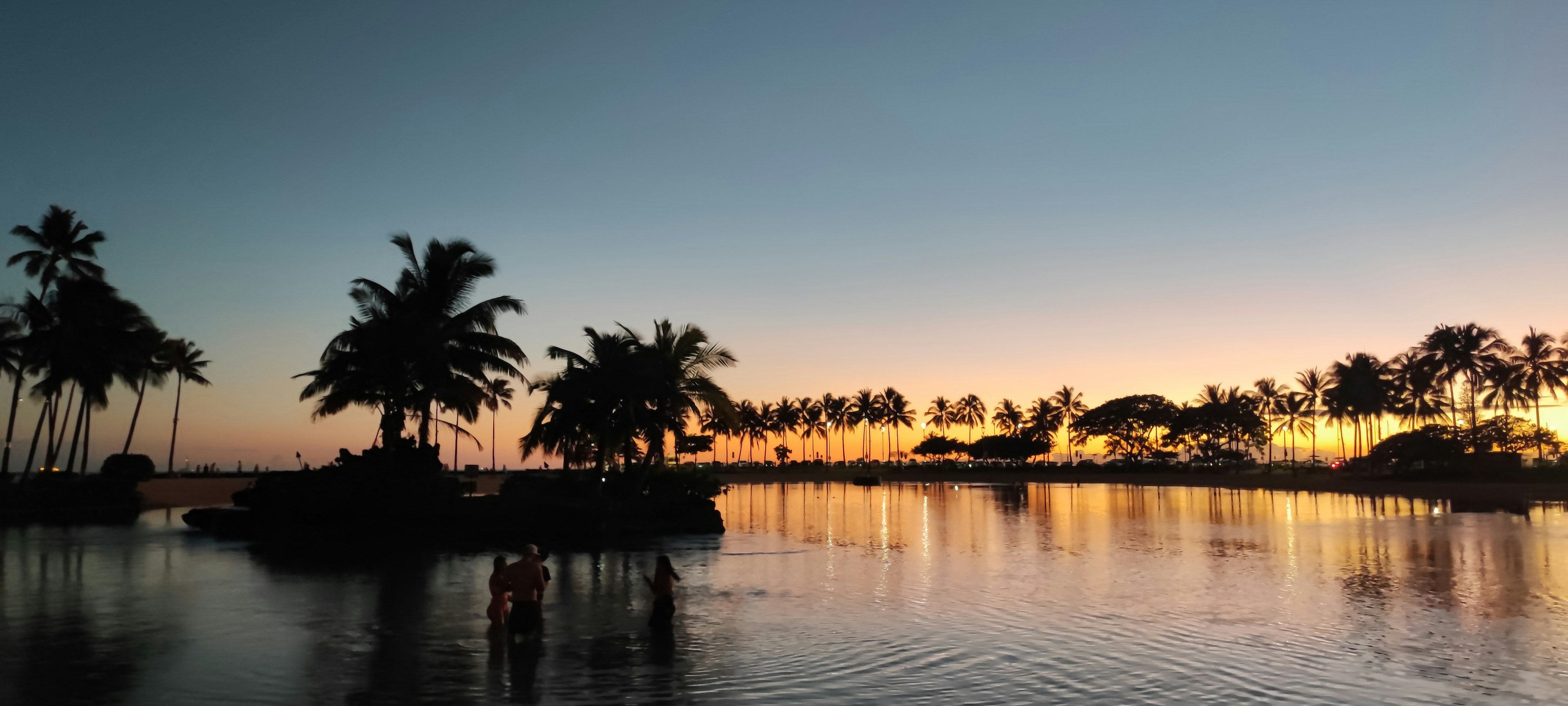 Bellissimo tramonto con palme e superficie d'acqua calma