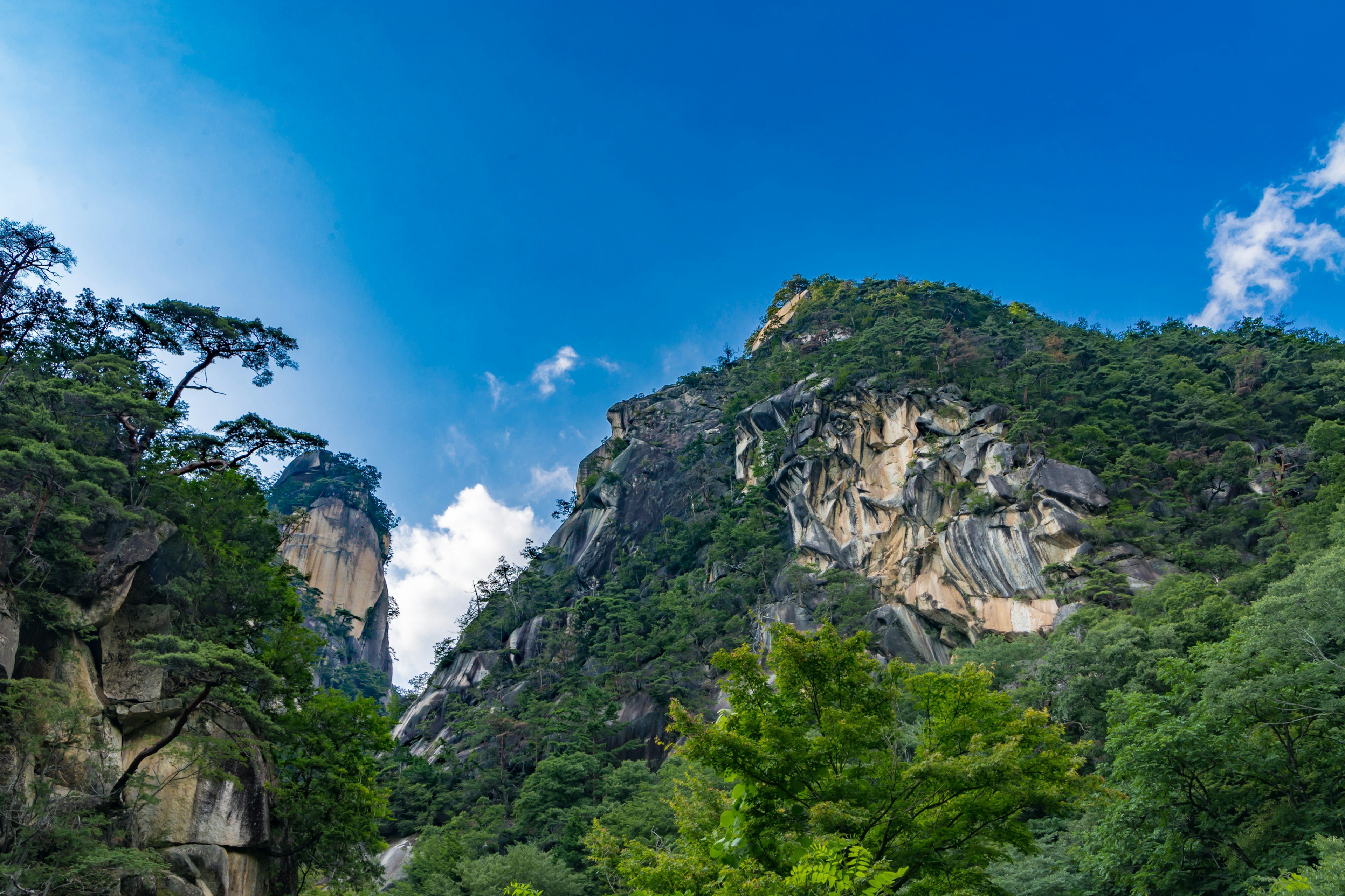 Majestic mountain landscape surrounded by green trees and blue sky