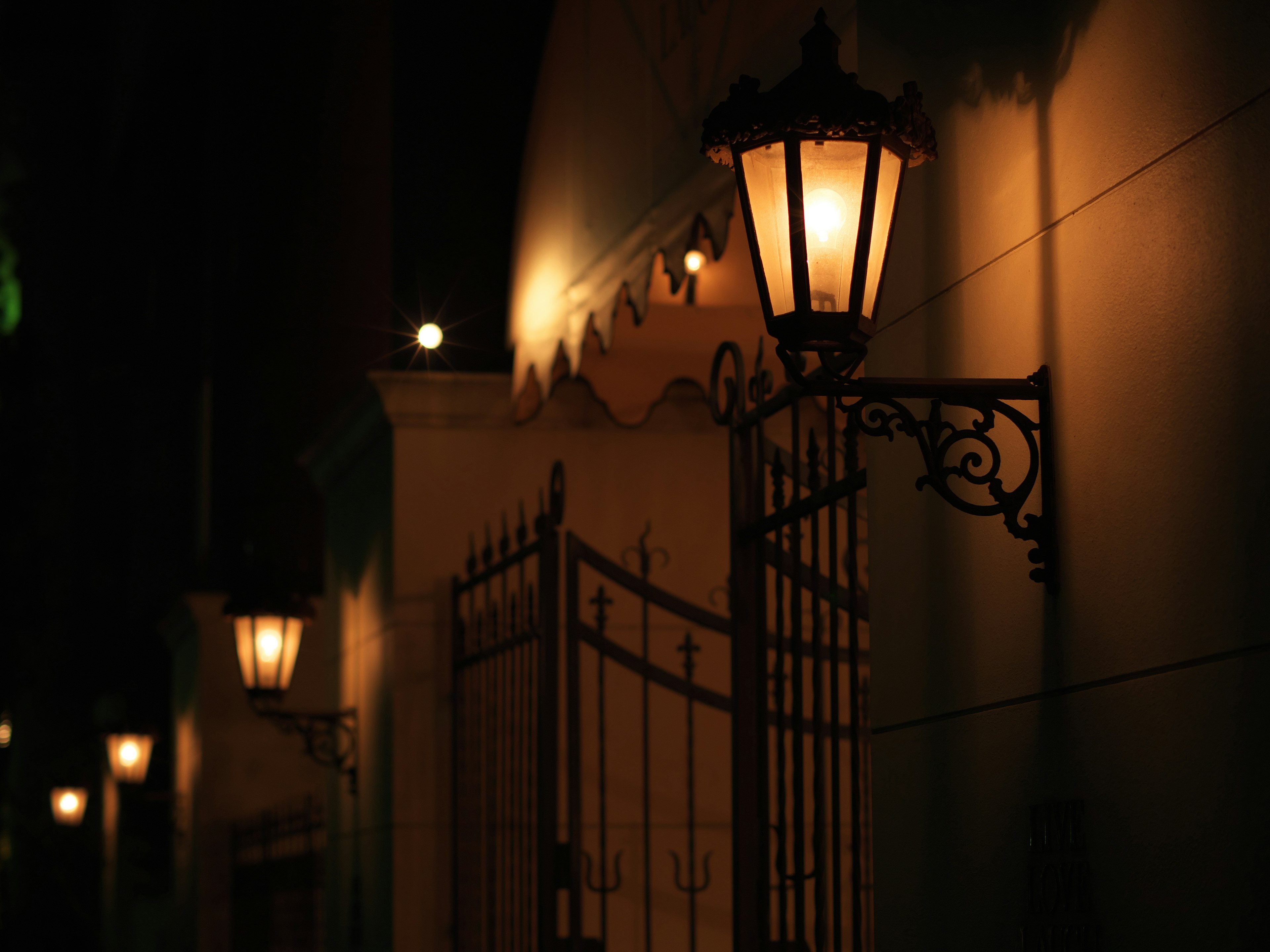 Beautiful street lamps illuminating a night scene