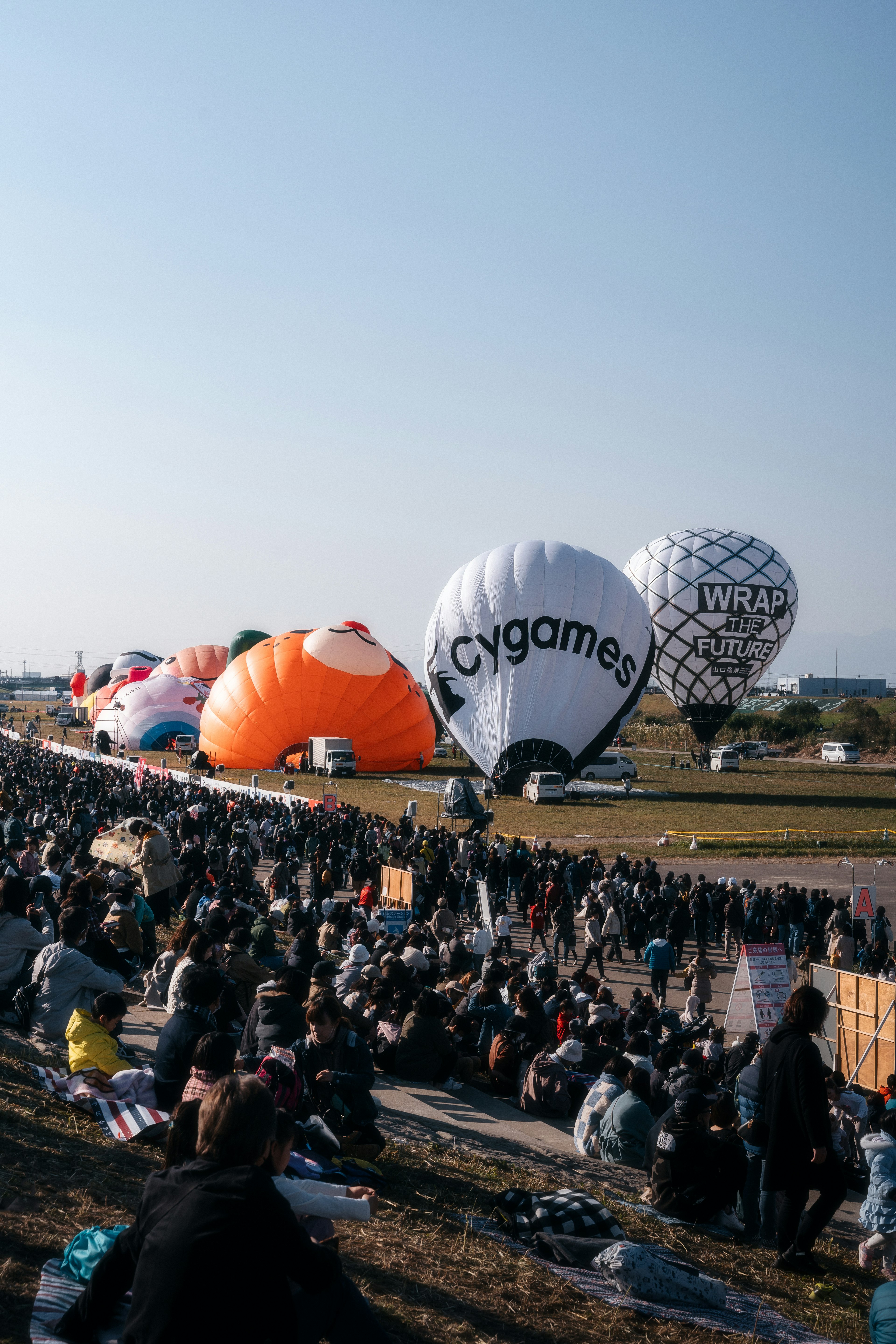 A gathering of colorful hot air balloons with a crowd of spectators