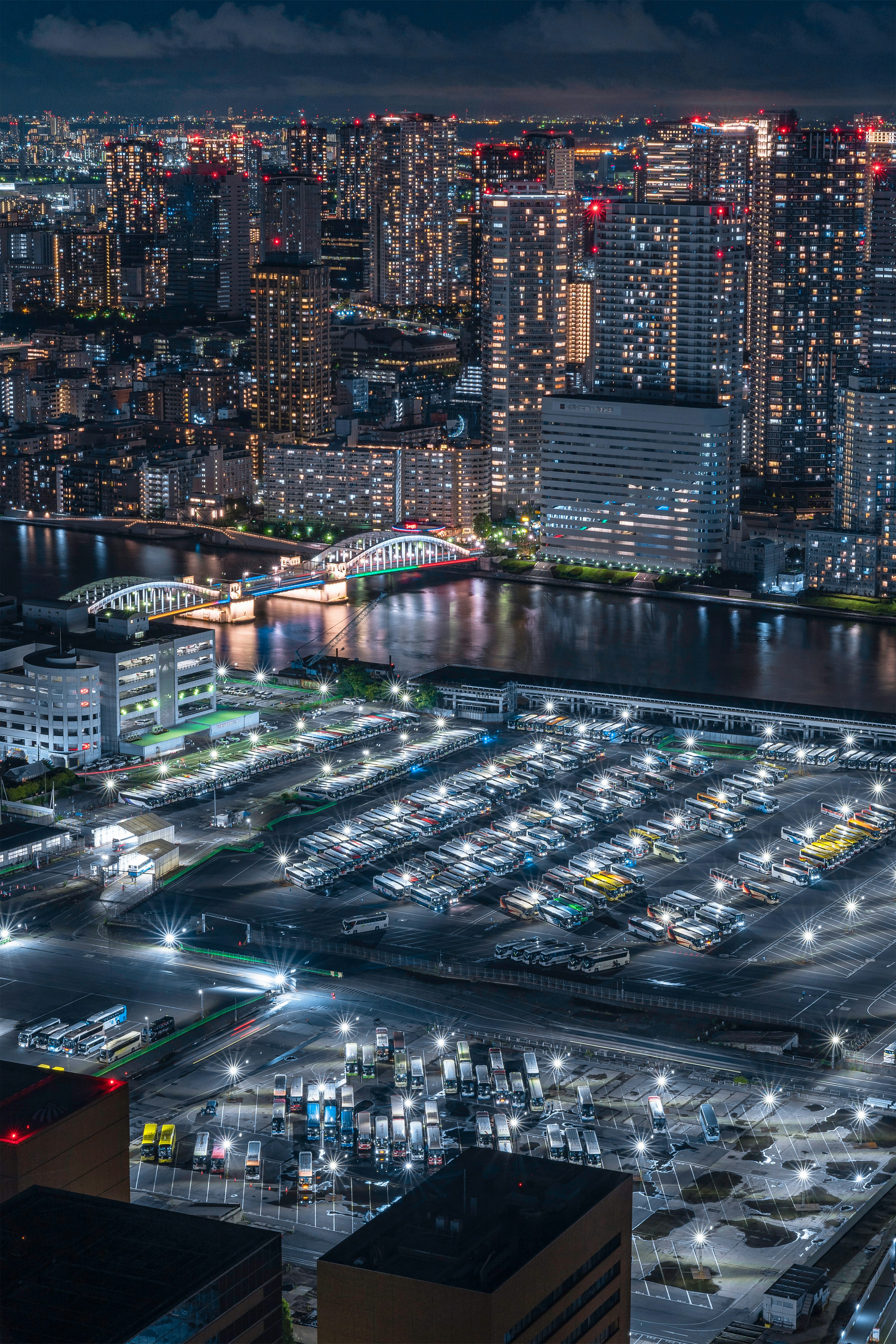 Vista nocturna de la bahía de Tokio con edificios iluminados y vehículos estacionados cerca del agua