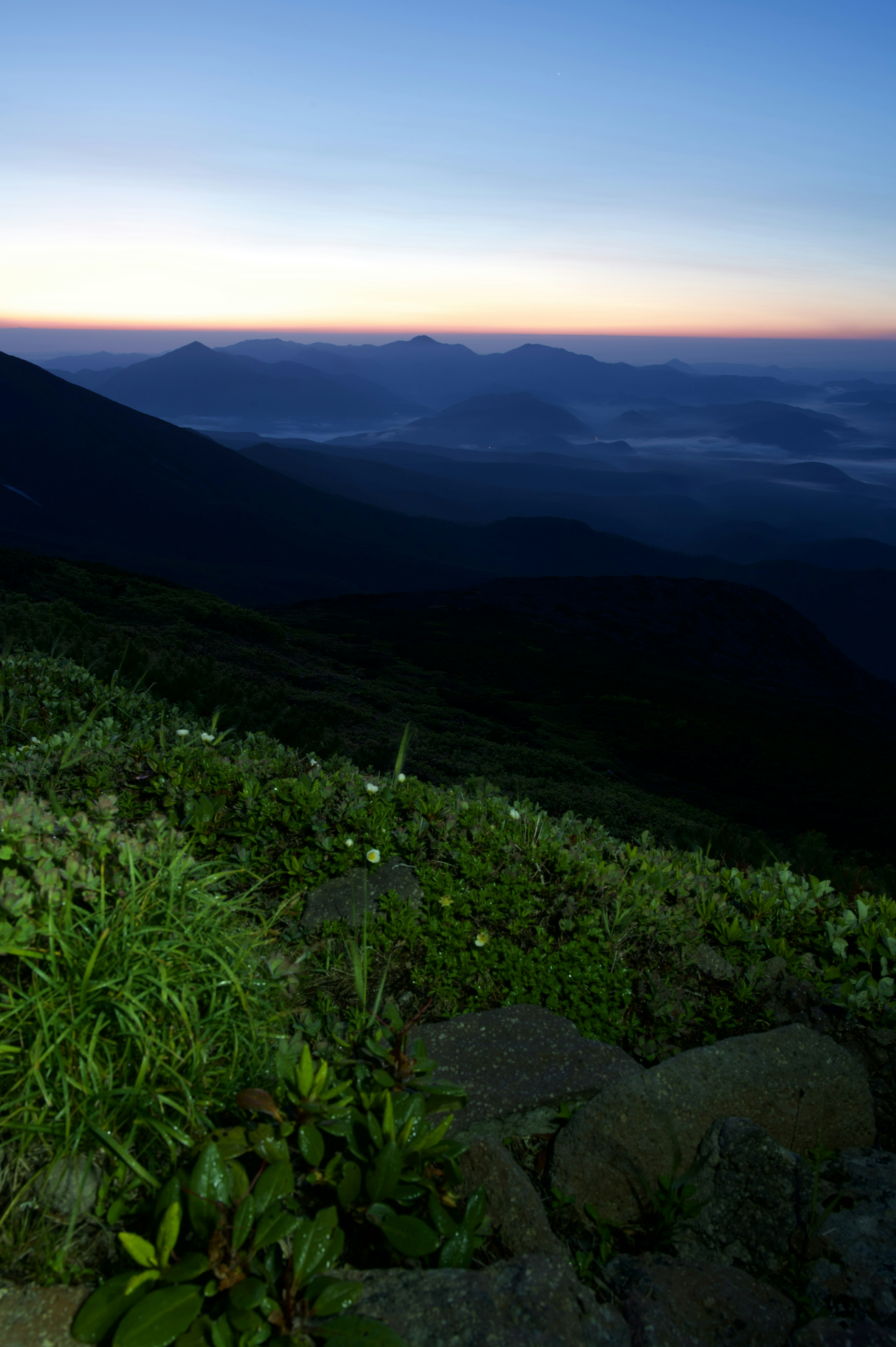 Vista panoramica dell'alba da una cima montuosa con vegetazione lussureggiante