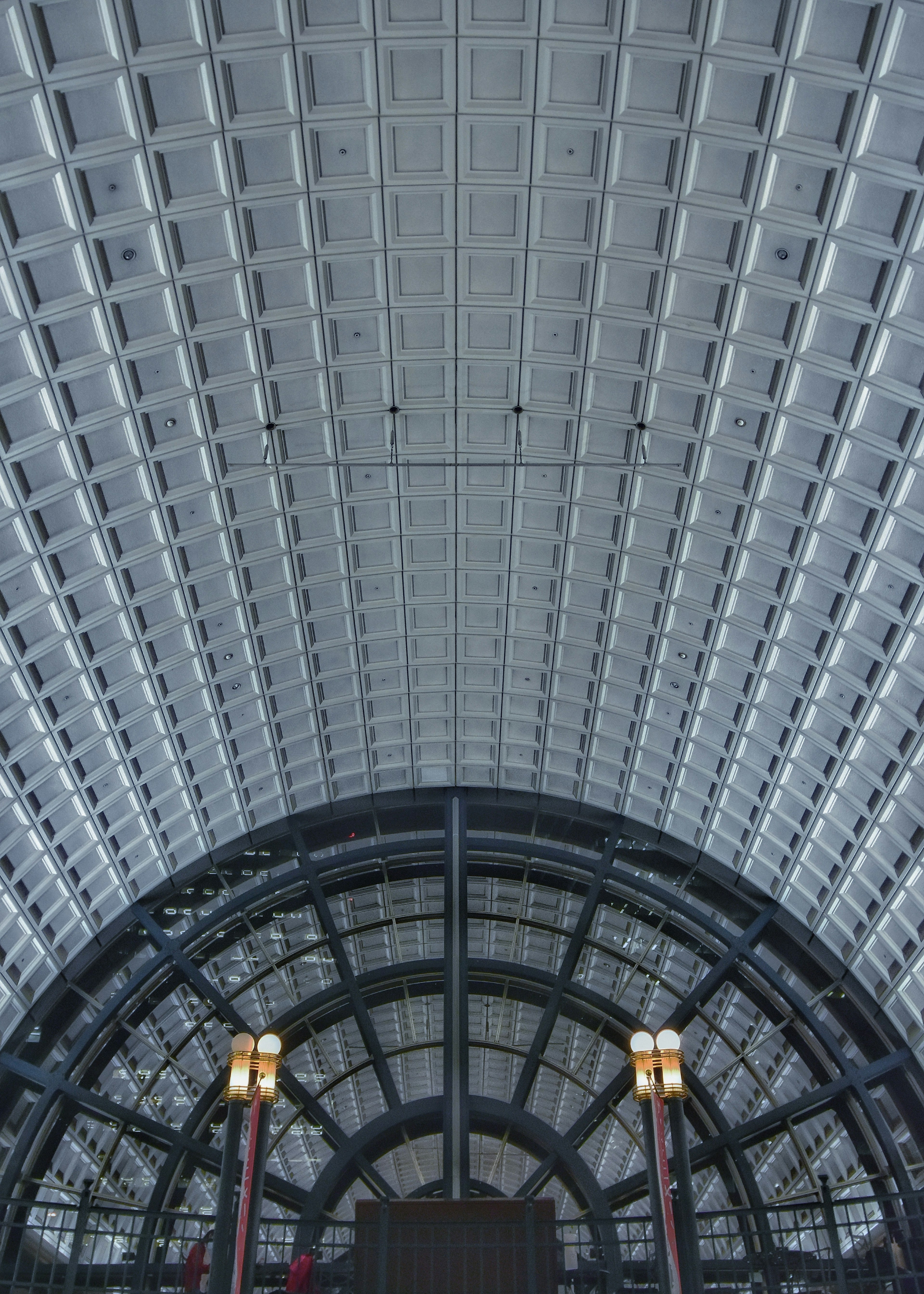 Interior view of a modern building featuring a beautiful arched ceiling