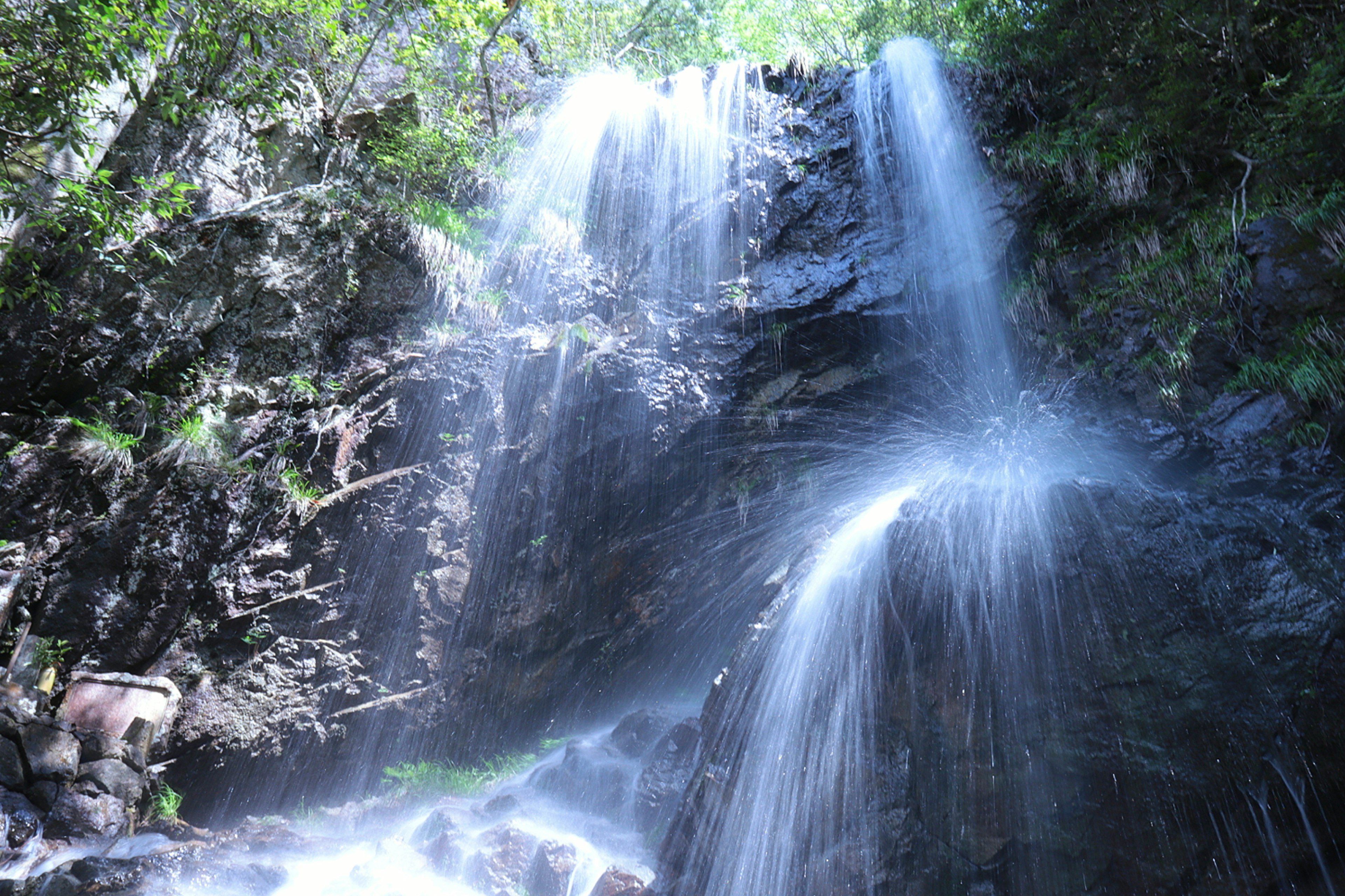 Una hermosa cascada que fluye a través de un paisaje verde