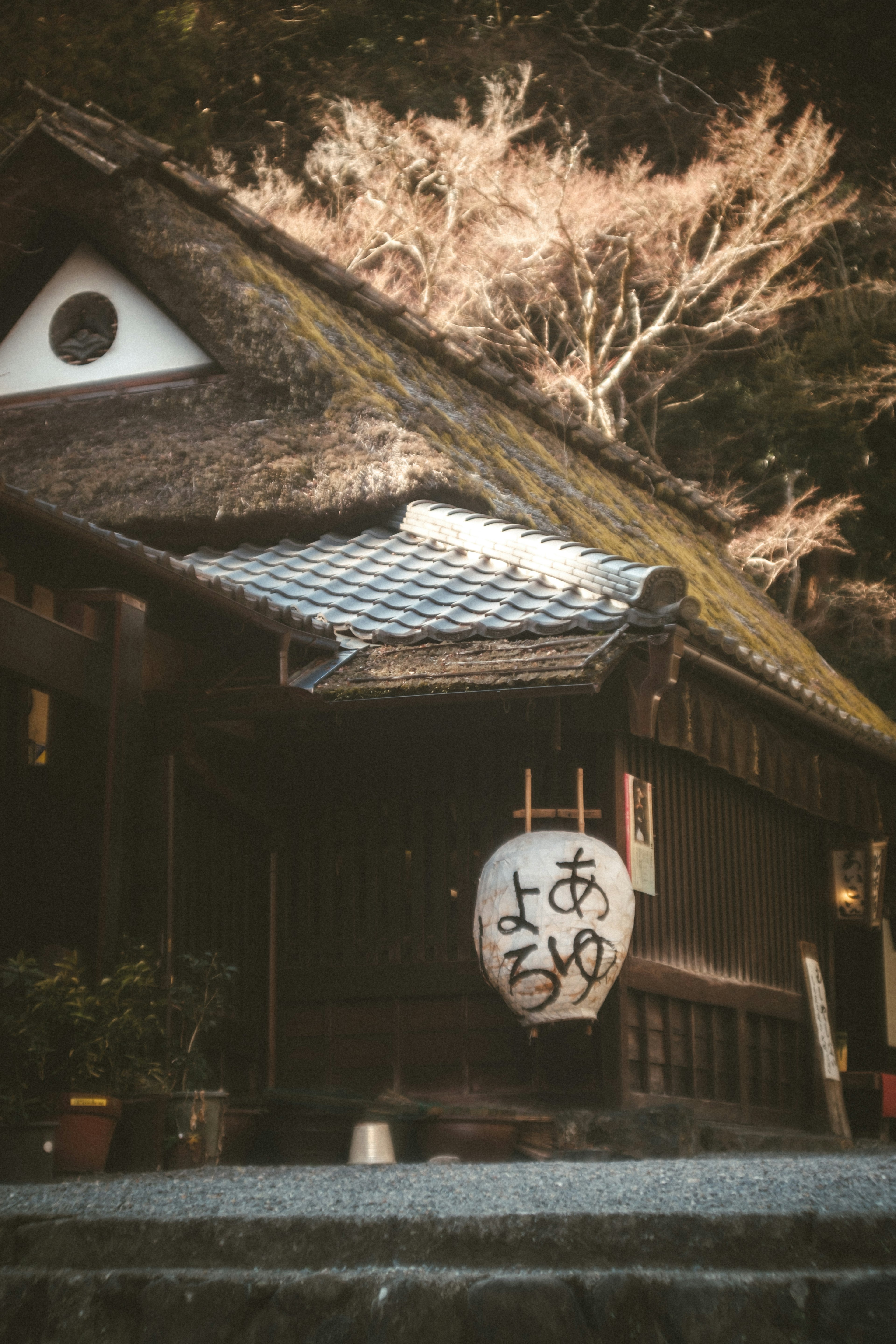 Traditional Japanese house exterior with a hanging lantern