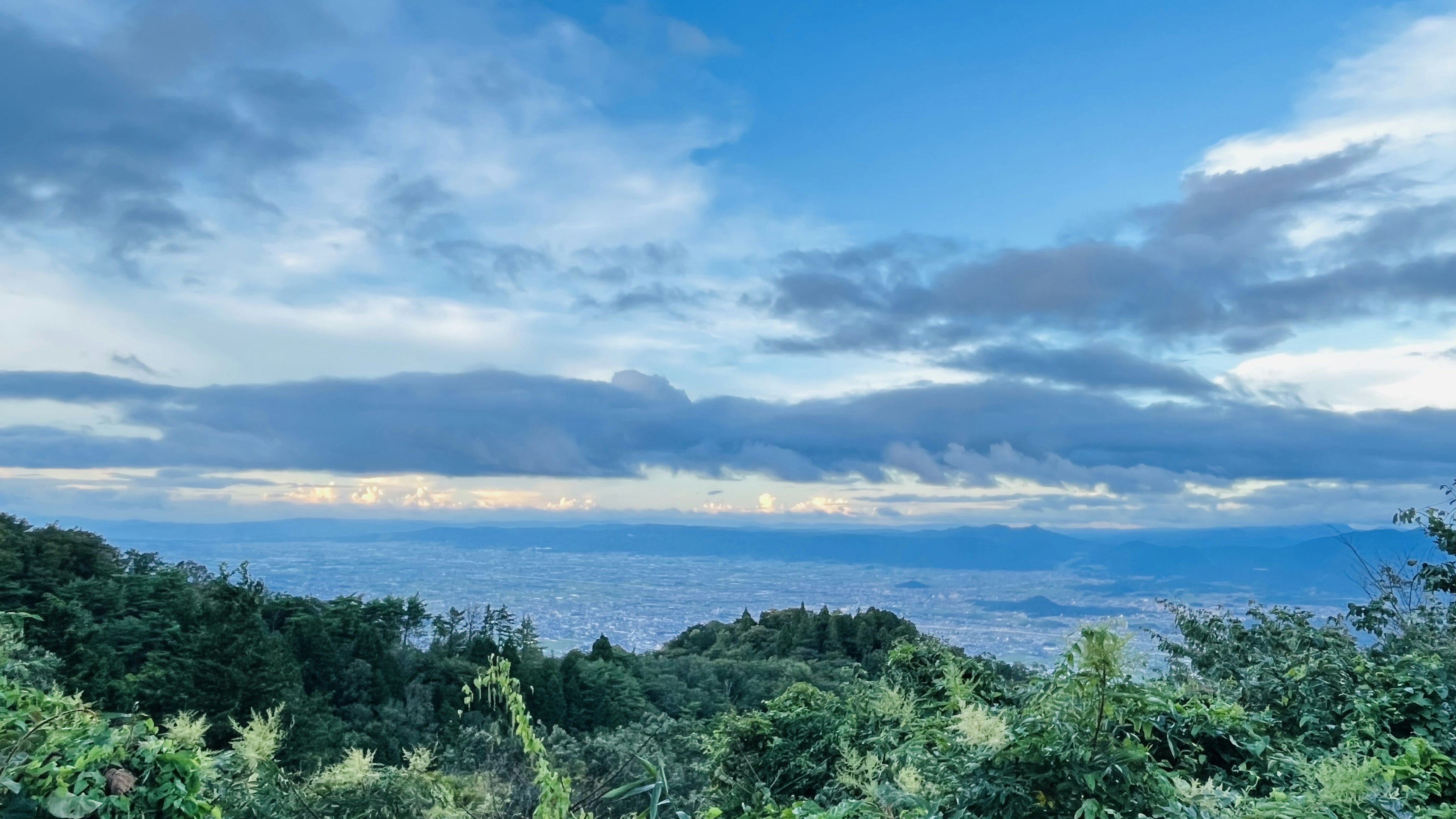 青い空と雲が広がる風景 緑の木々と遠景の街が見える