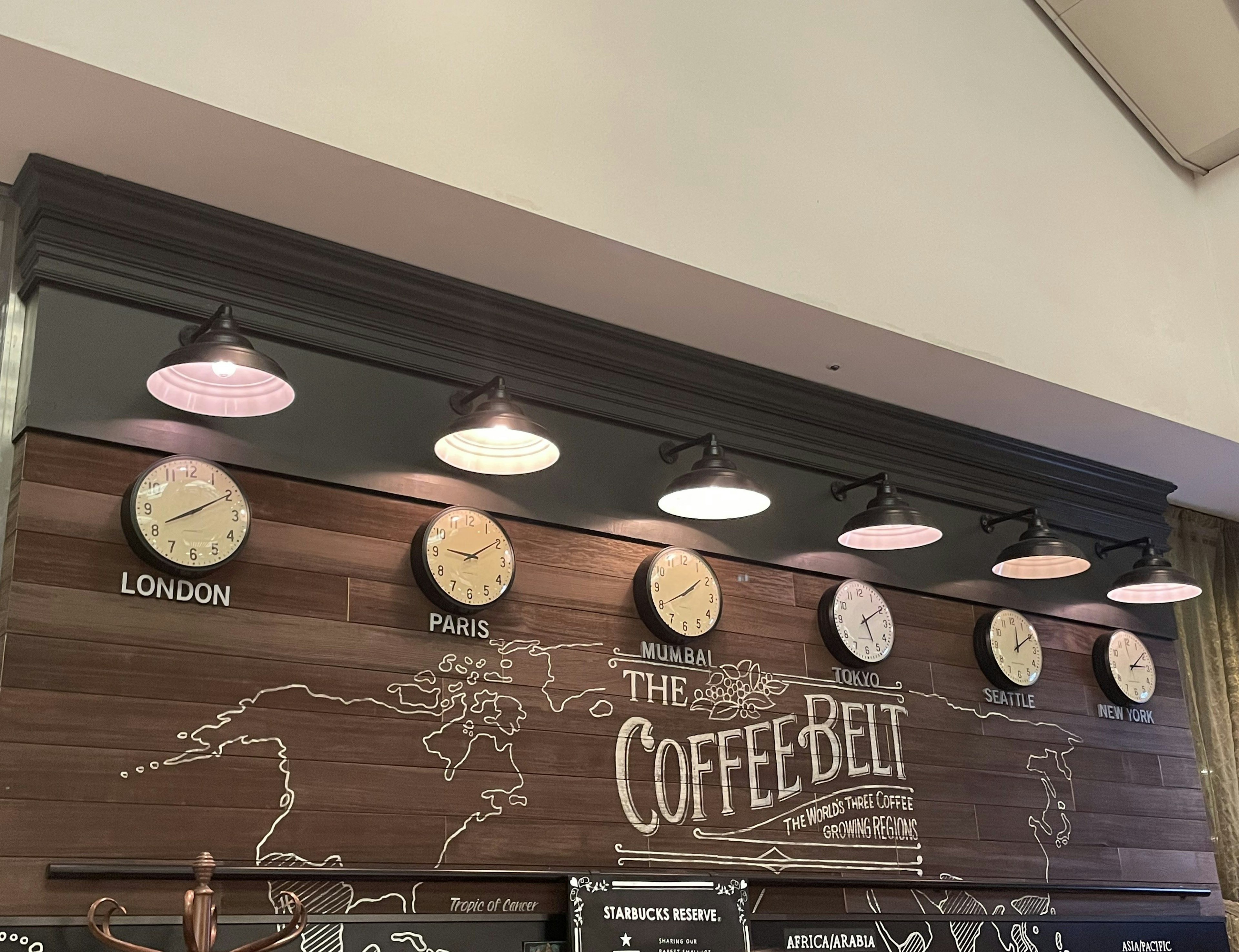 Wall-mounted clocks indicating different time zones with labels for London and Paris