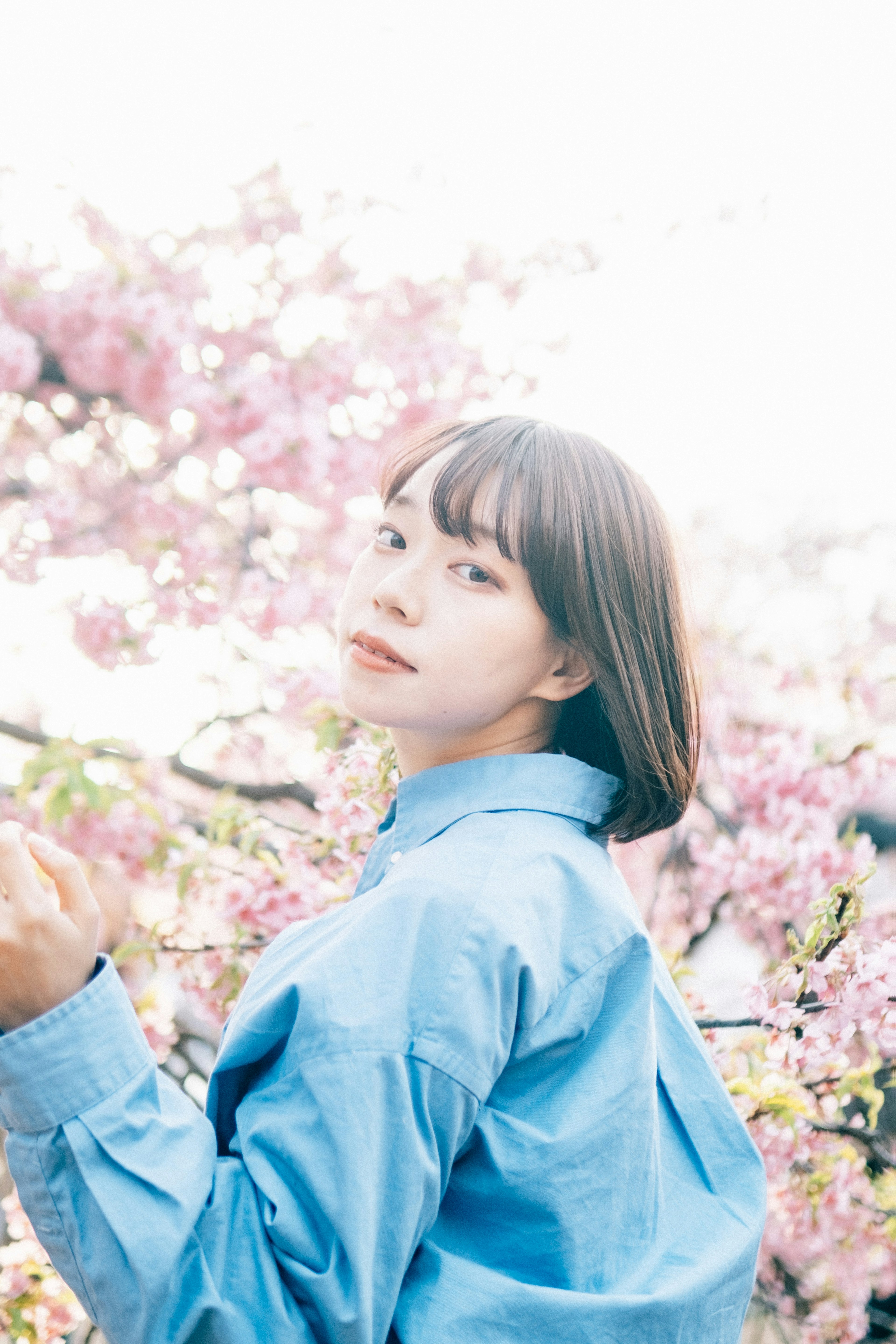 Portrait d'une femme devant des cerisiers en fleurs portant une chemise bleue et souriant