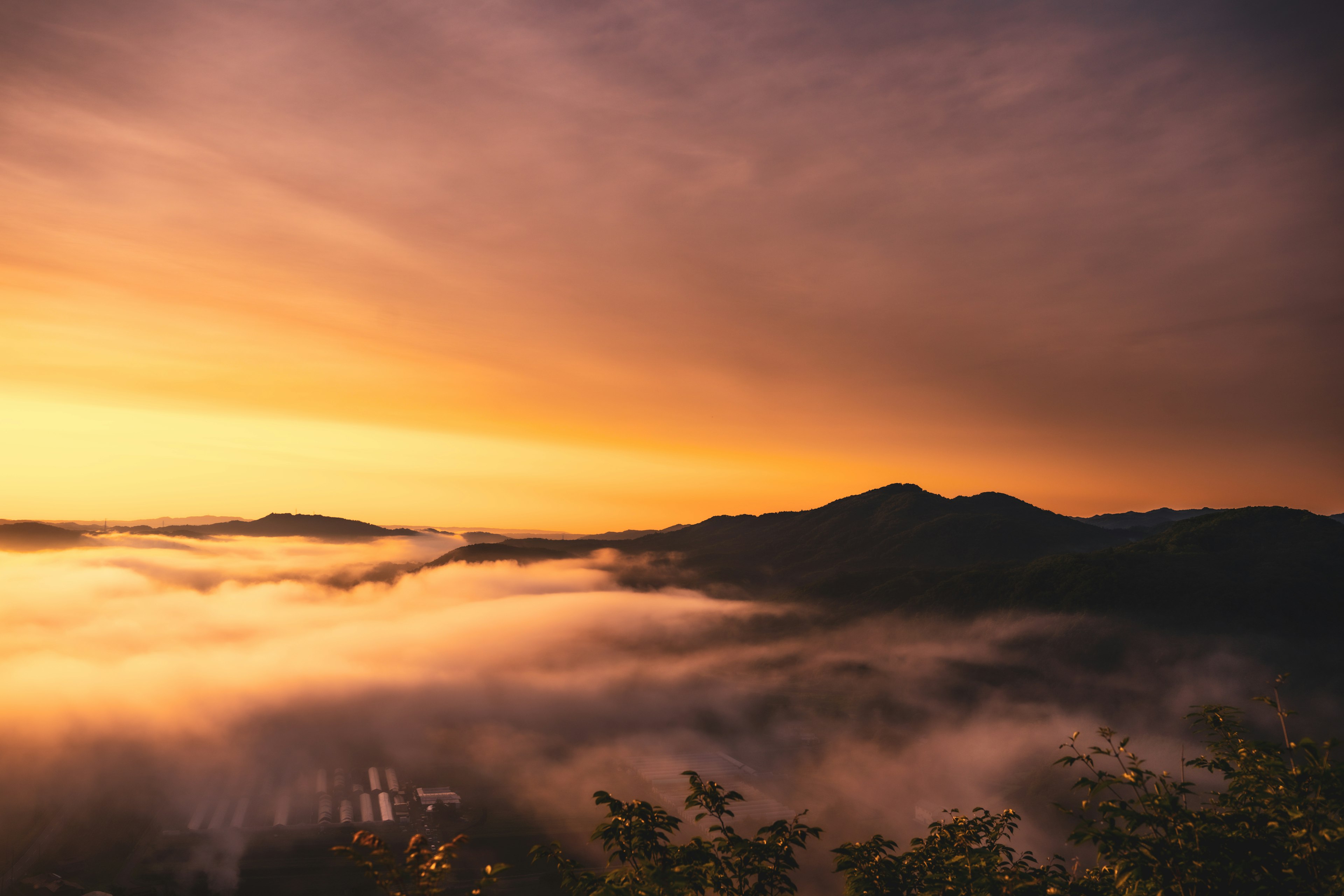 Sunset landscape with mountains and fog