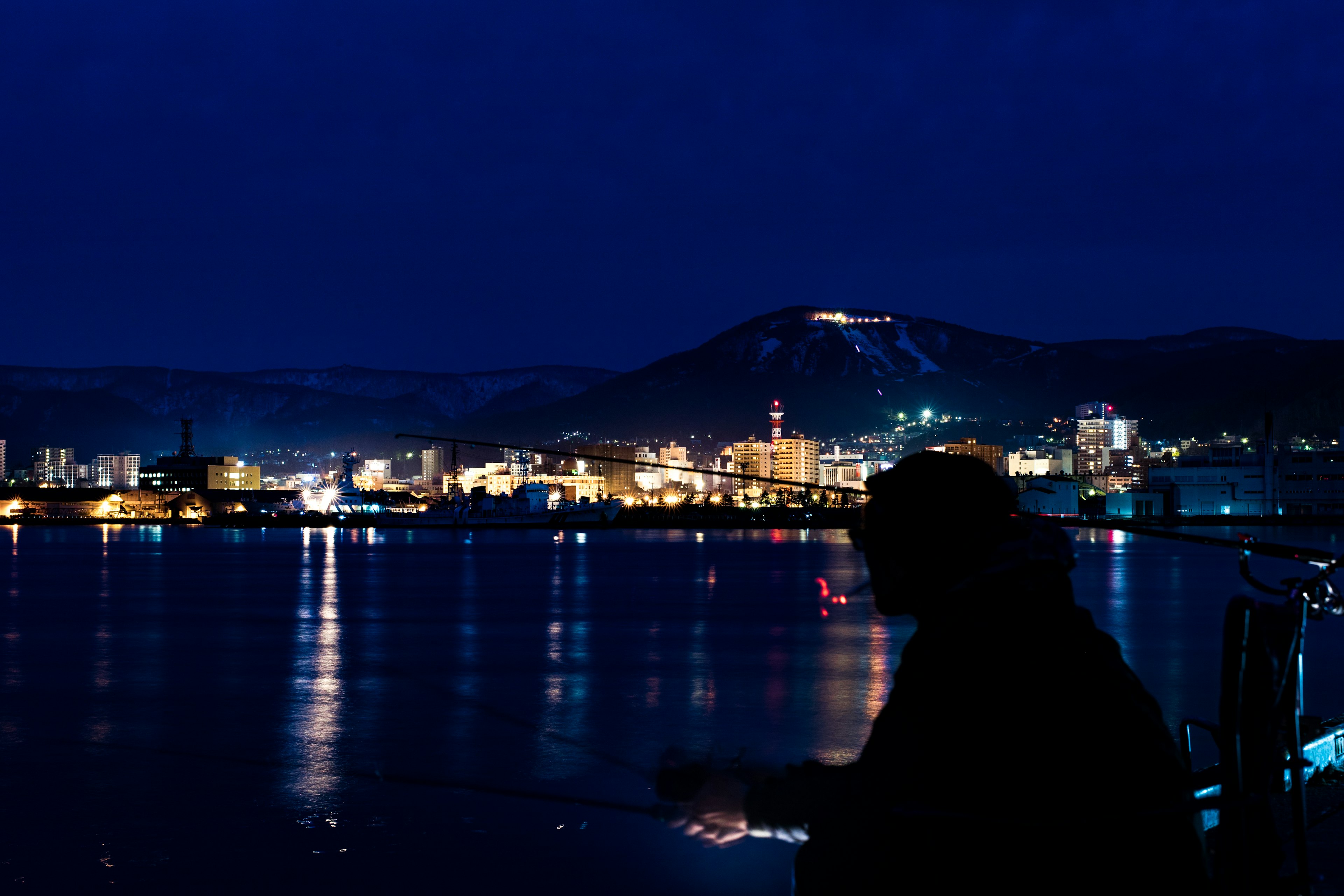 Silhouette against a nighttime cityscape and ocean lights