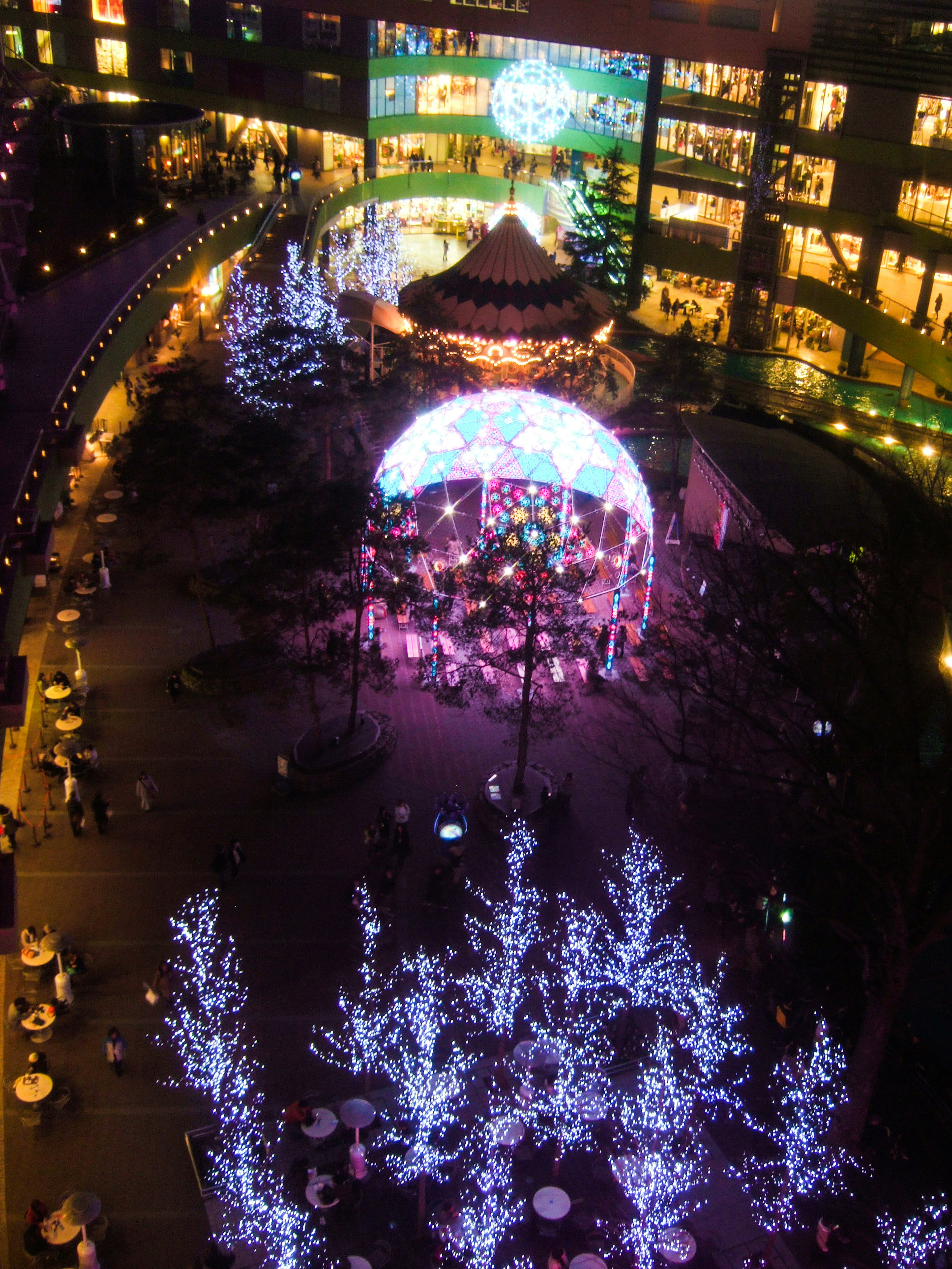 A vibrant nighttime park scene with colorful lights illuminating trees and a central dome decoration