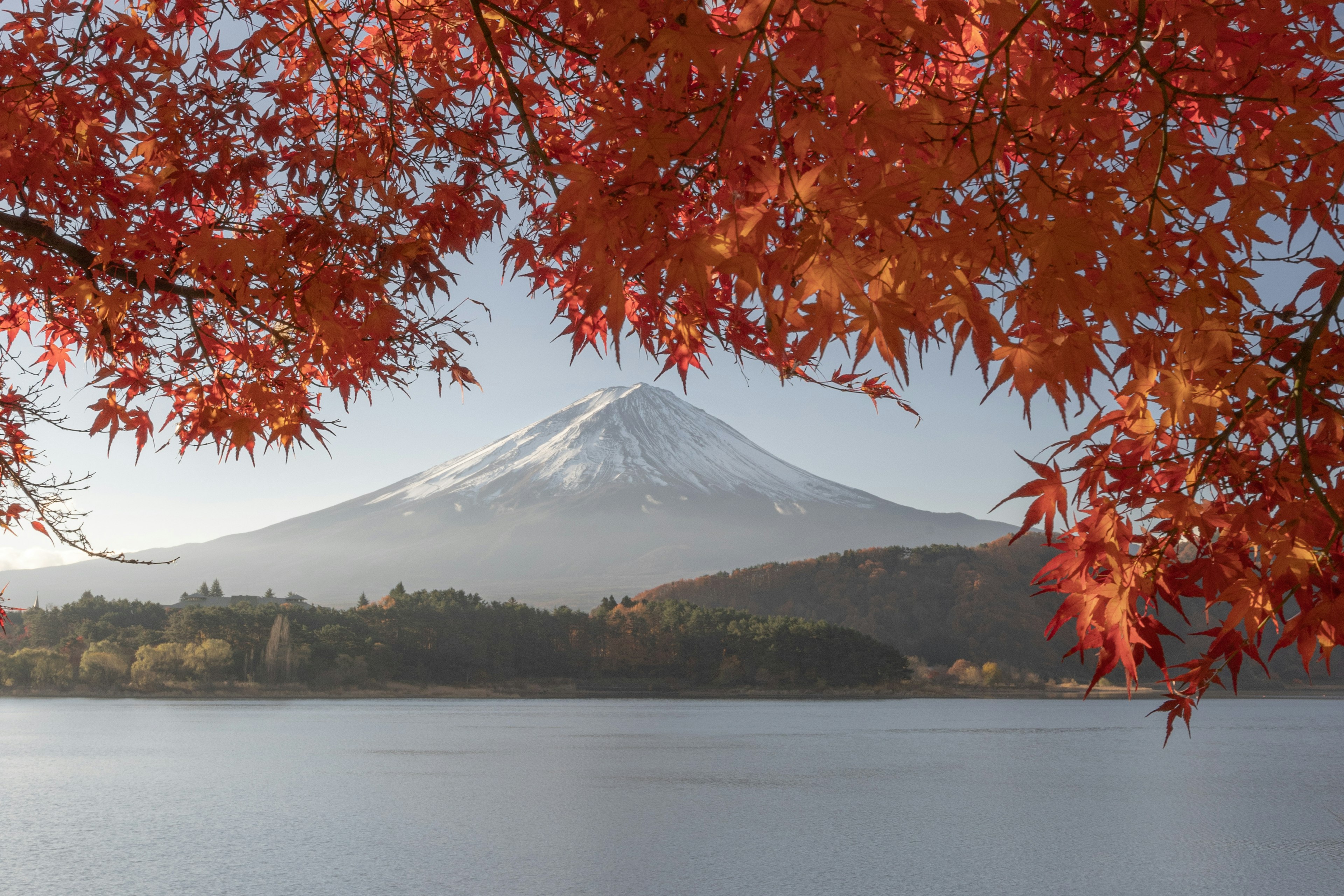 Schöne Landschaft des Fuji-Berges, umrahmt von Herbstblättern