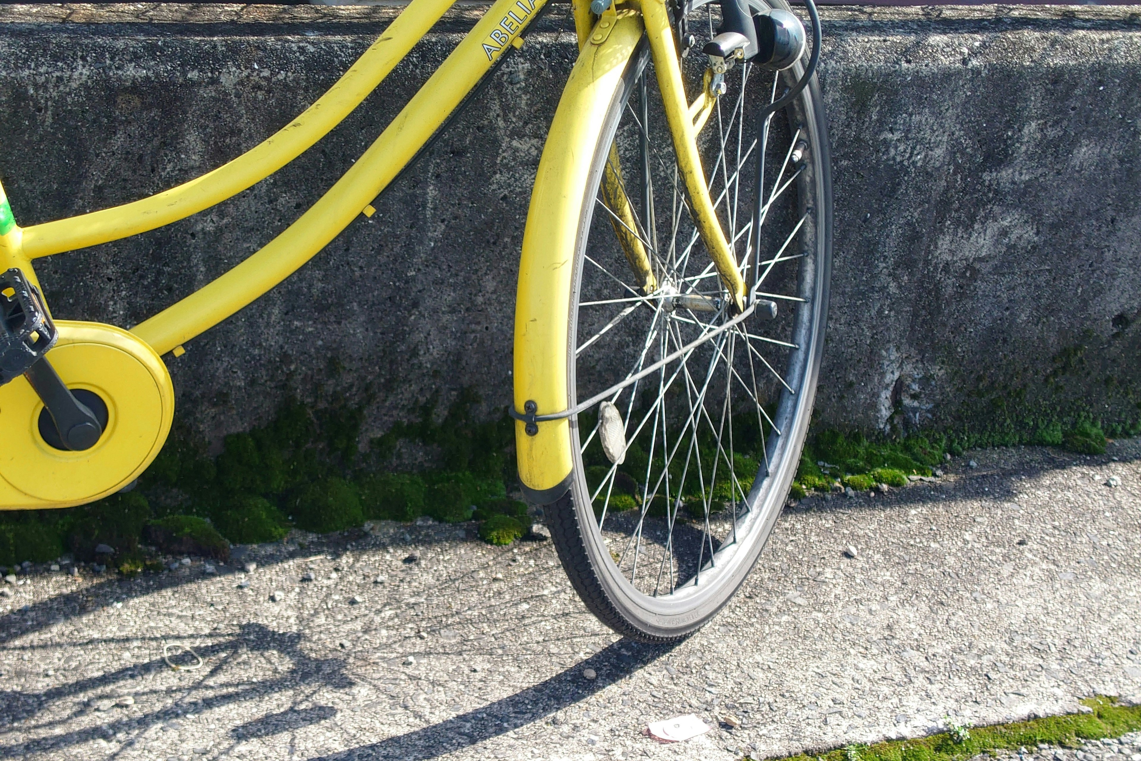 Imagen que muestra la rueda delantera y el marco de una bicicleta amarilla