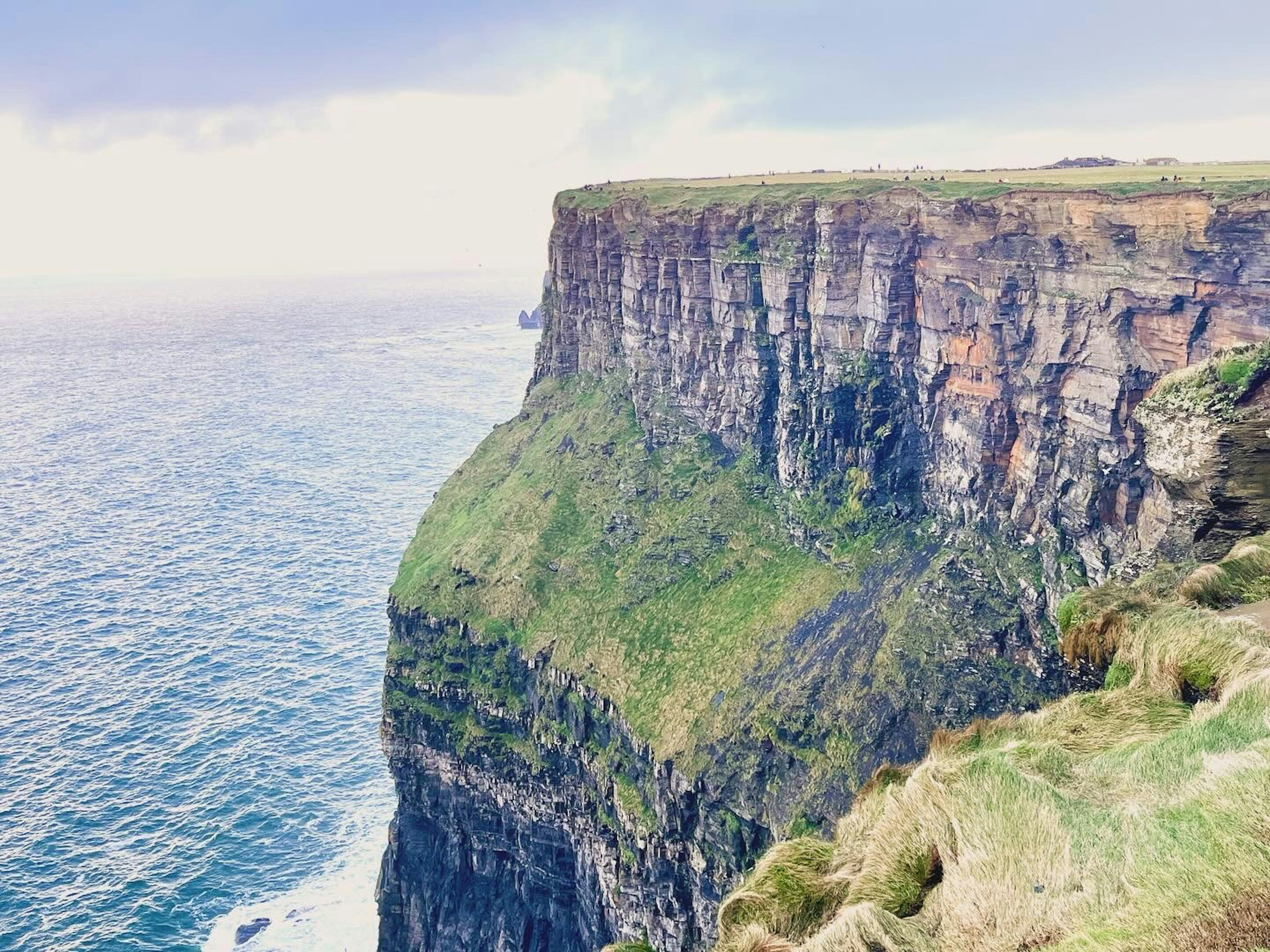 Green cliff overlooking the ocean with rocky formations