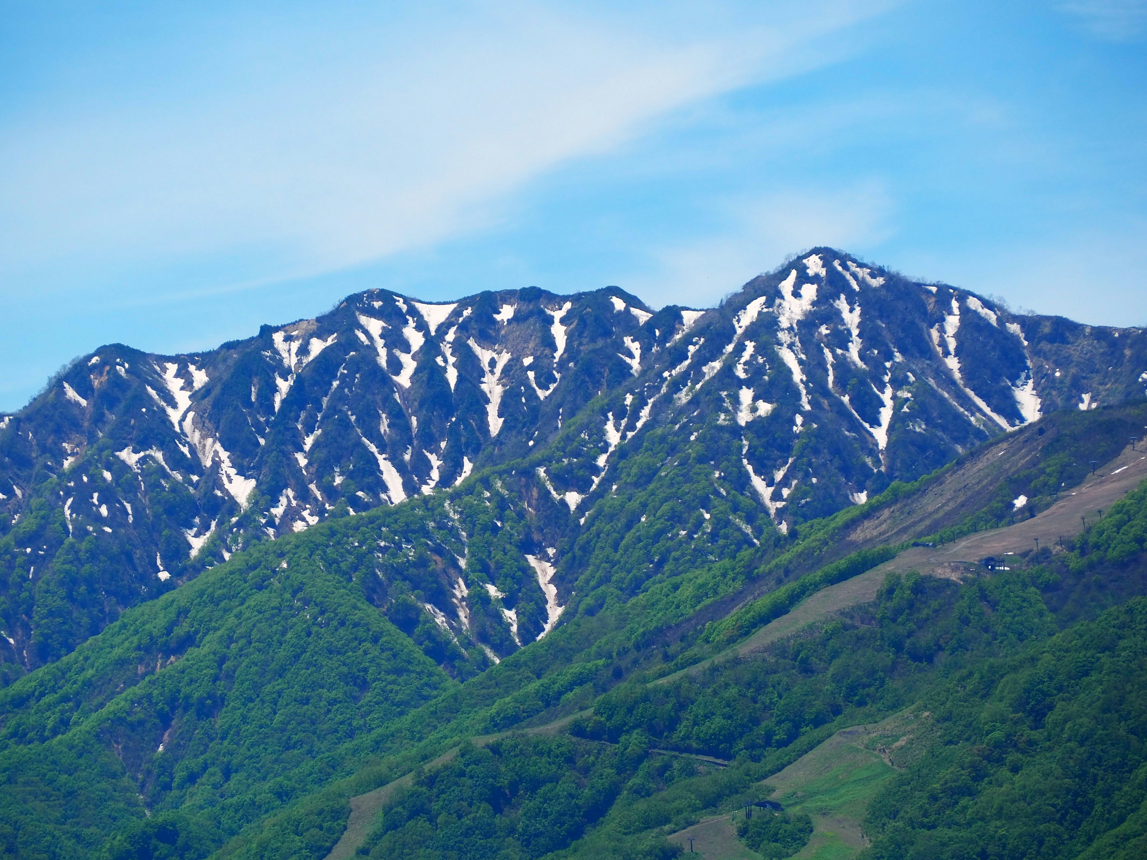 Hermoso paisaje con montañas nevadas y laderas verdes