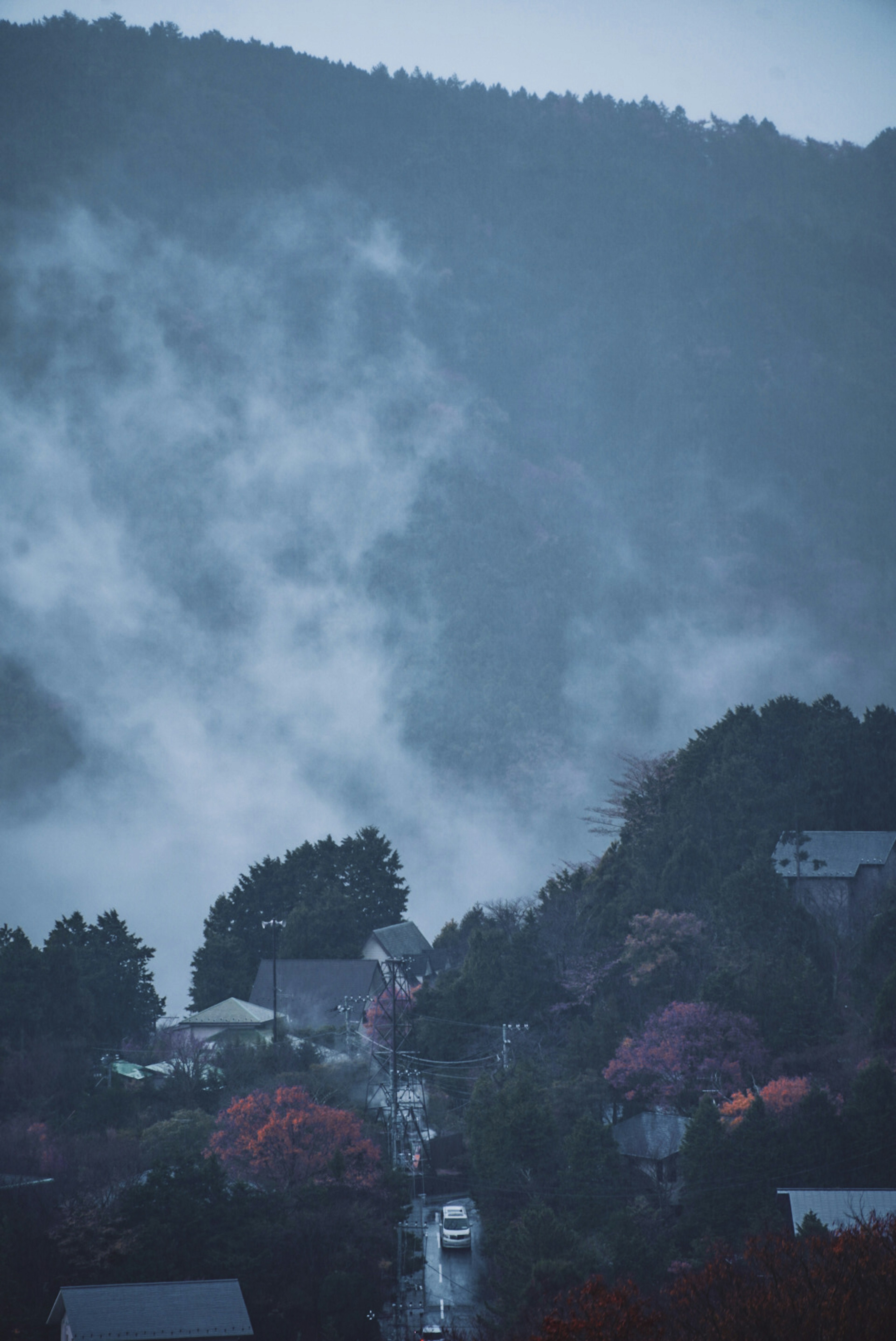 霧に包まれた山と住宅街の風景