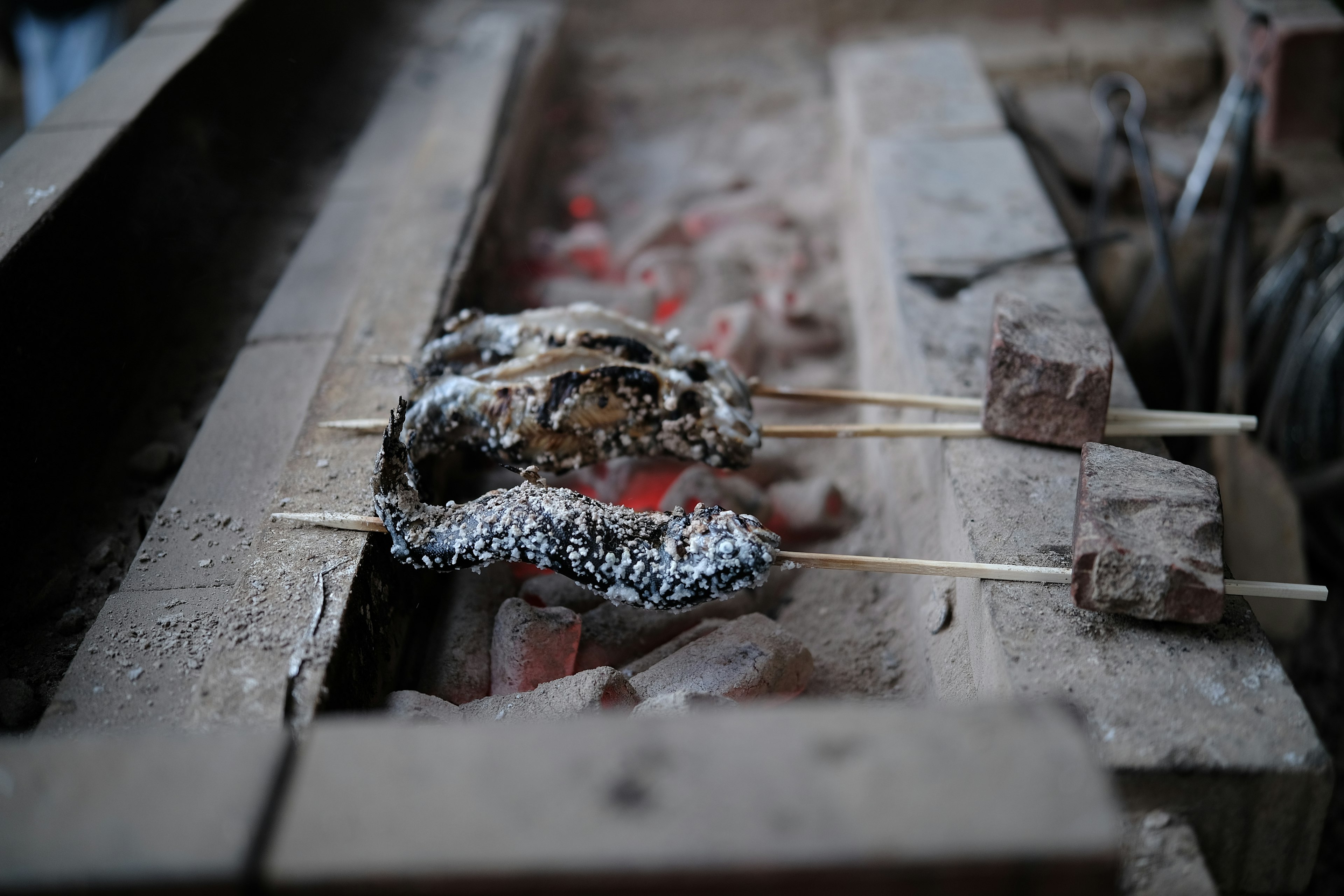 Grilled skewered food over charcoal fire