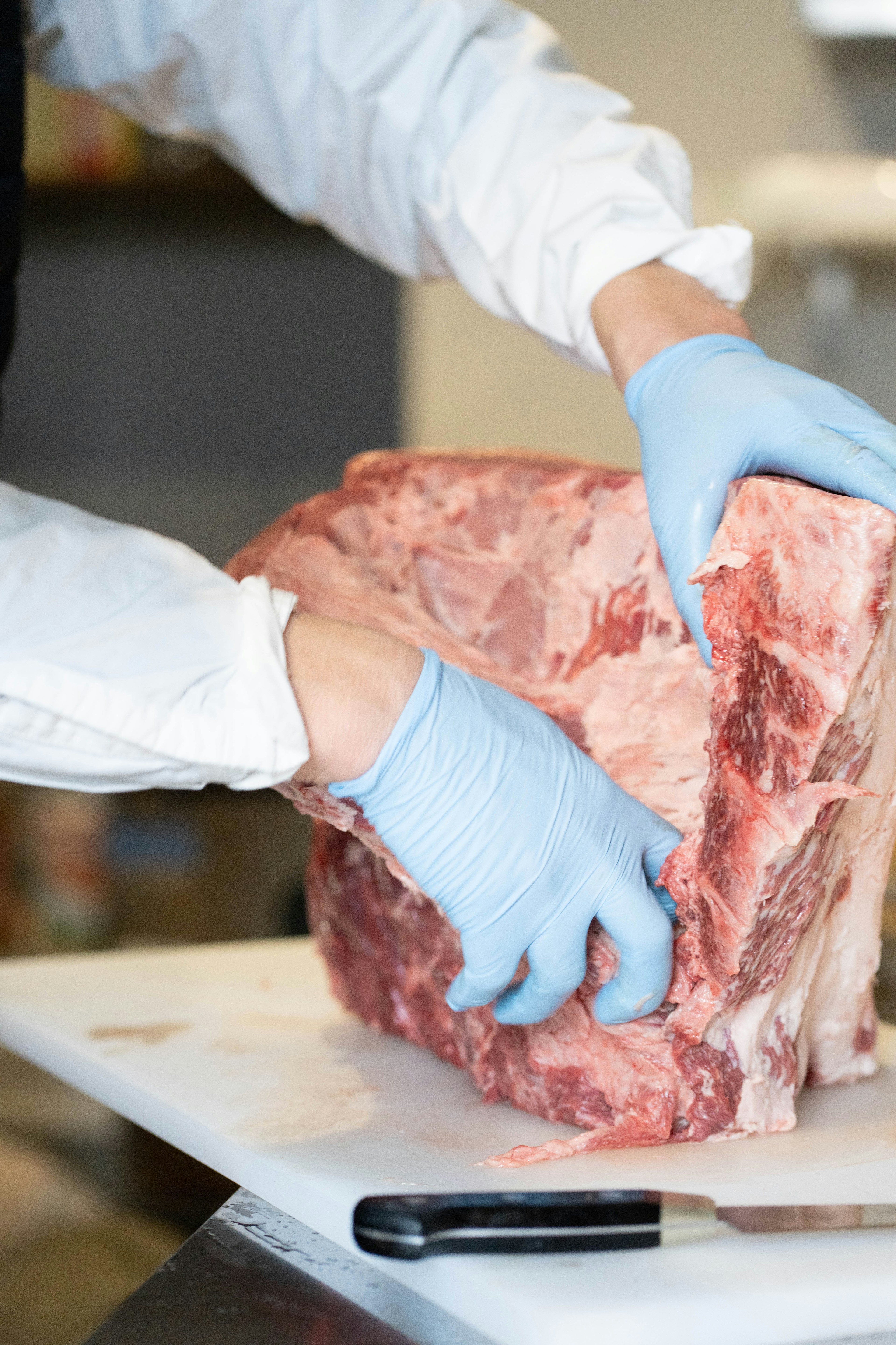 Chef handling a large piece of meat wearing blue gloves