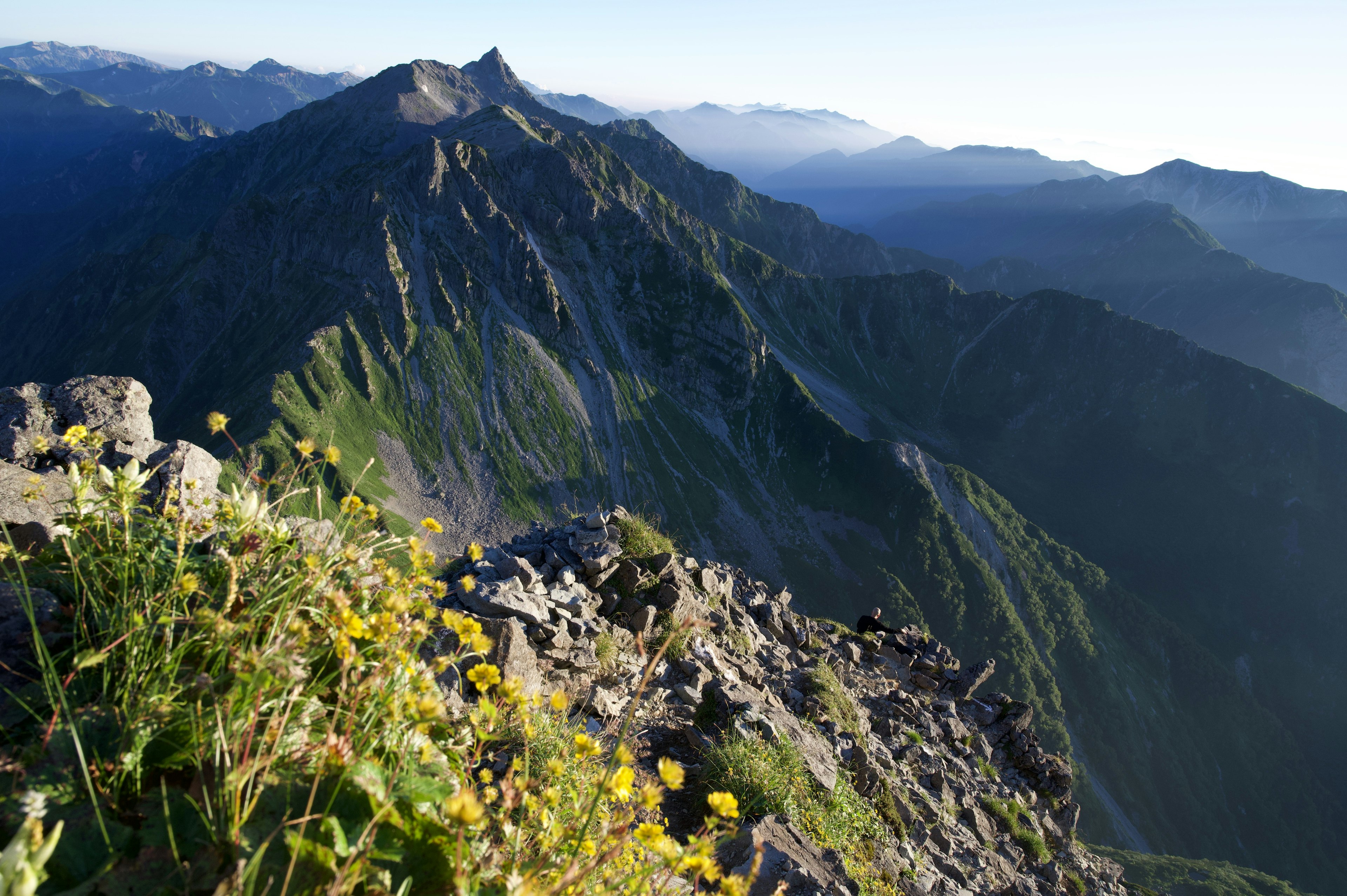 Vue magnifique depuis un sommet de montagne avec de l'herbe verte et des fleurs jaunes au premier plan