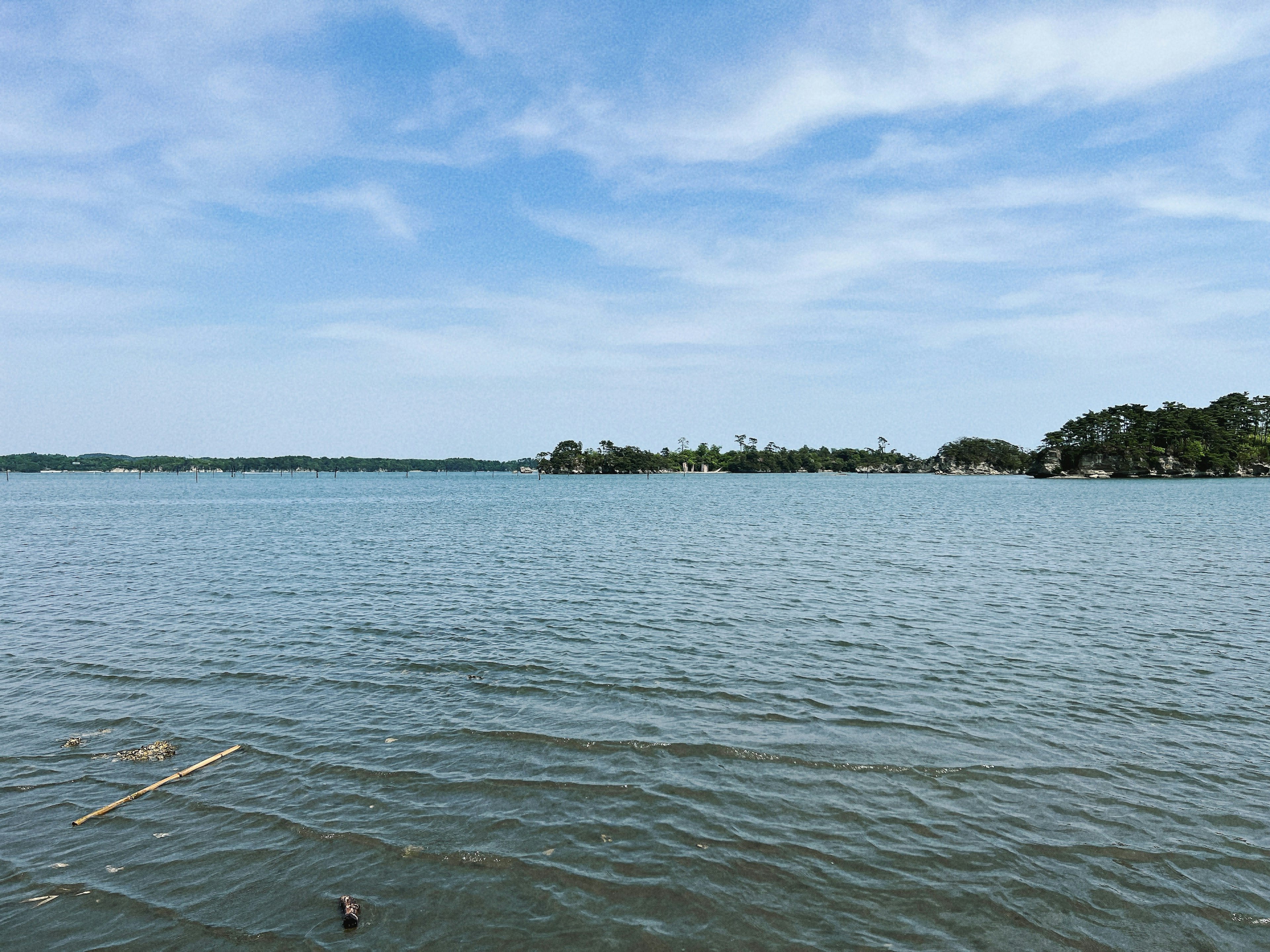 Danau tenang dengan langit biru dan pepohonan jauh