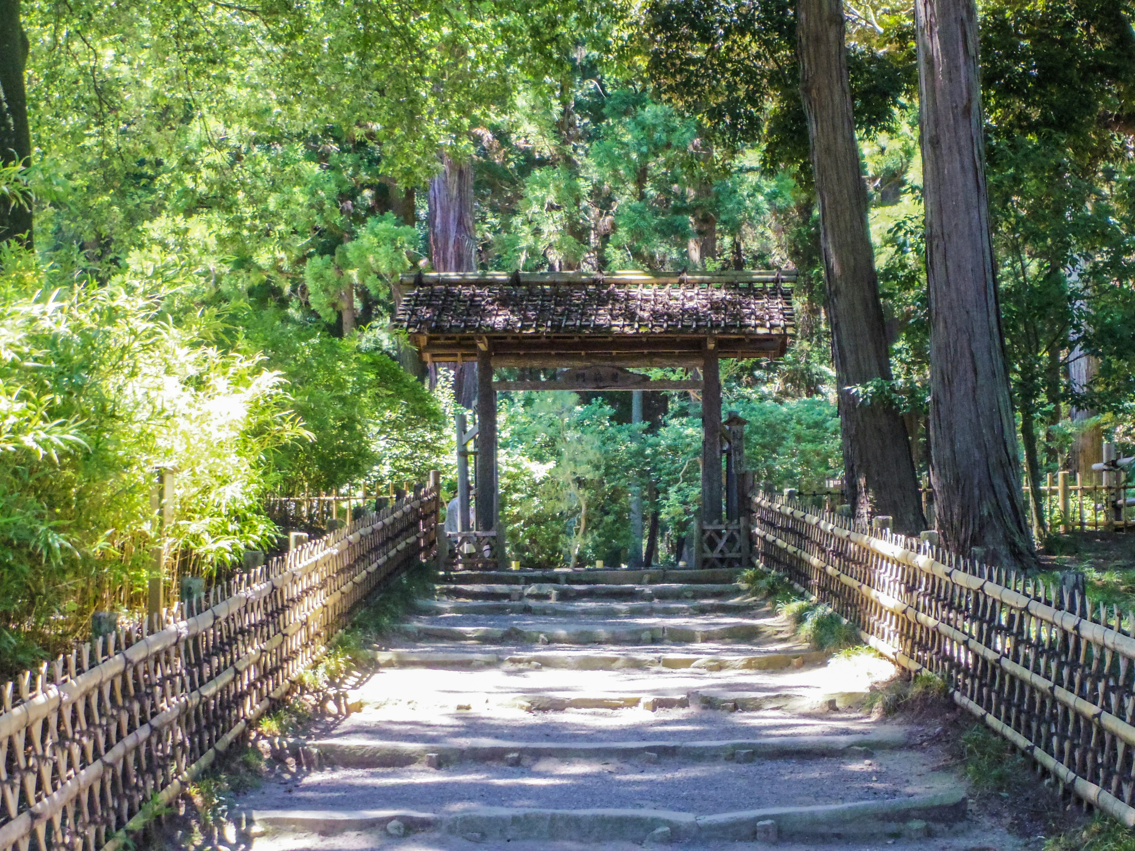 緑に囲まれた古風な門と石の階段