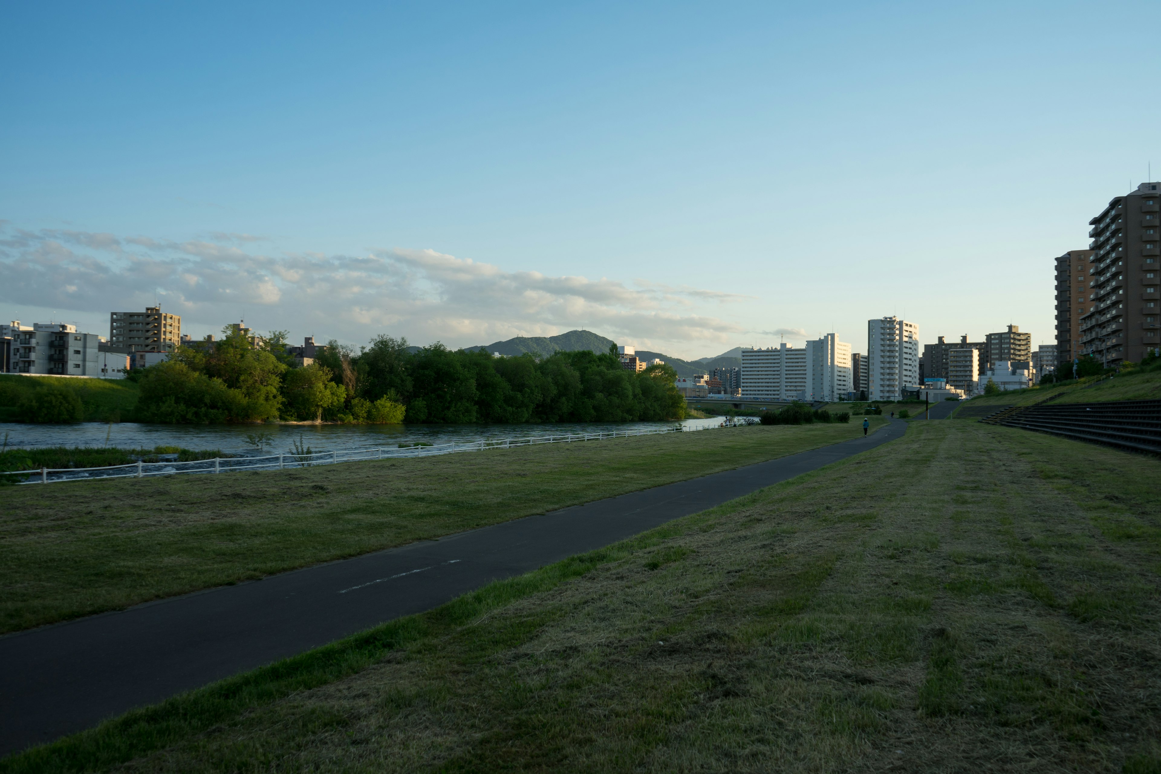 Vista panoramica di un parco lungo un fiume con edifici sullo sfondo