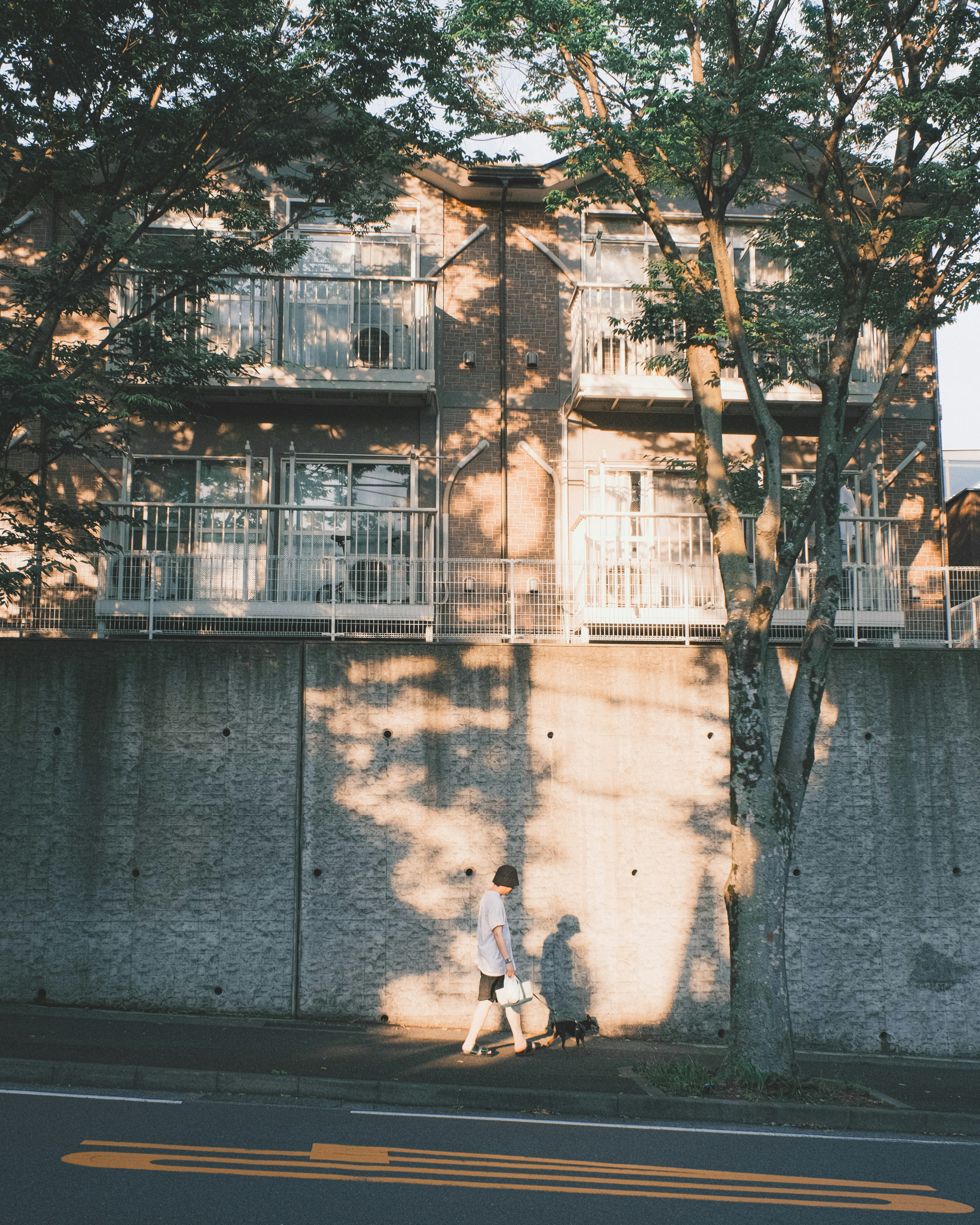 A person walking along a street beside a shadowed old building