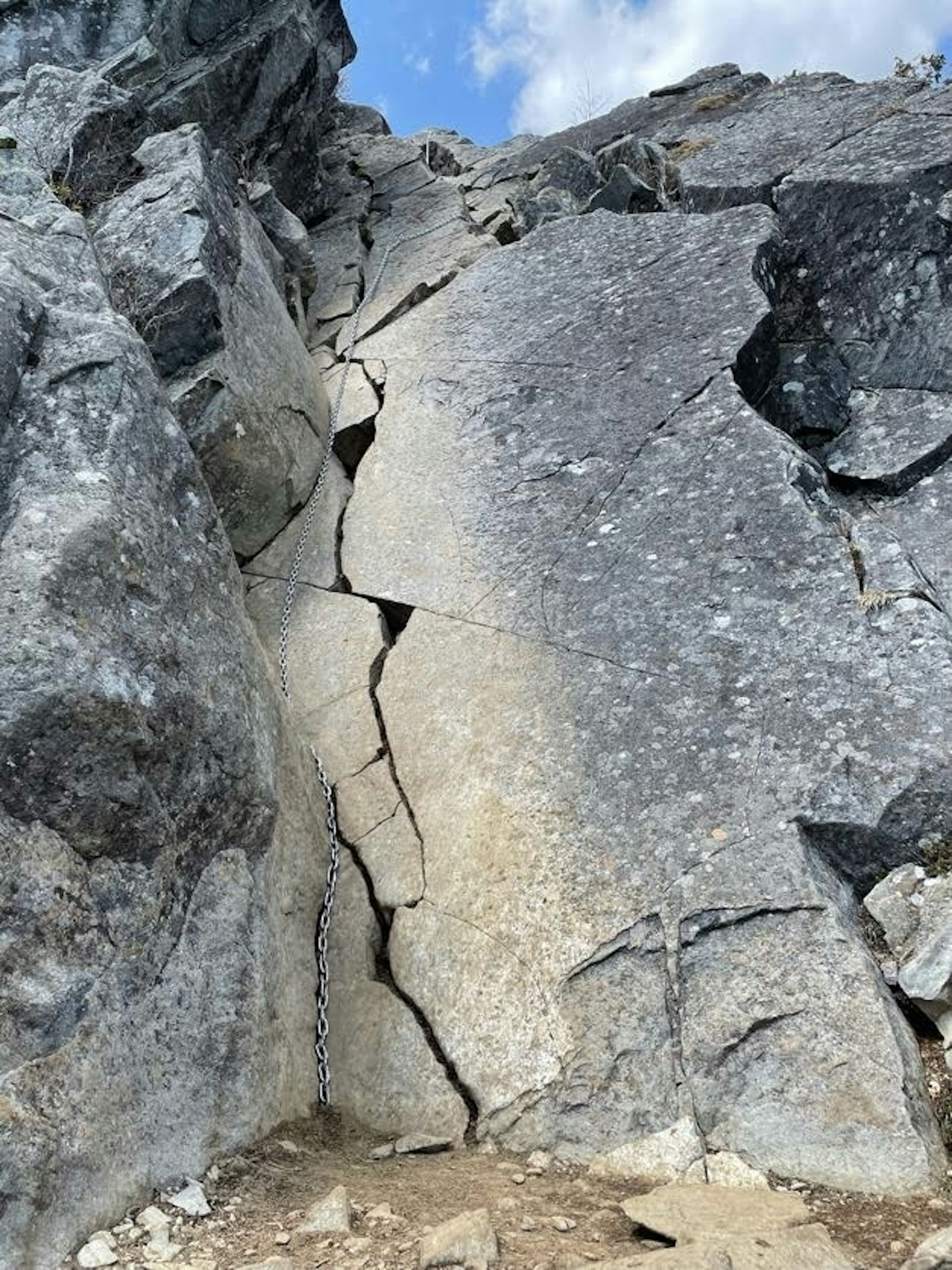 Nahaufnahme einer Felswand mit Rissen und großen Felsen