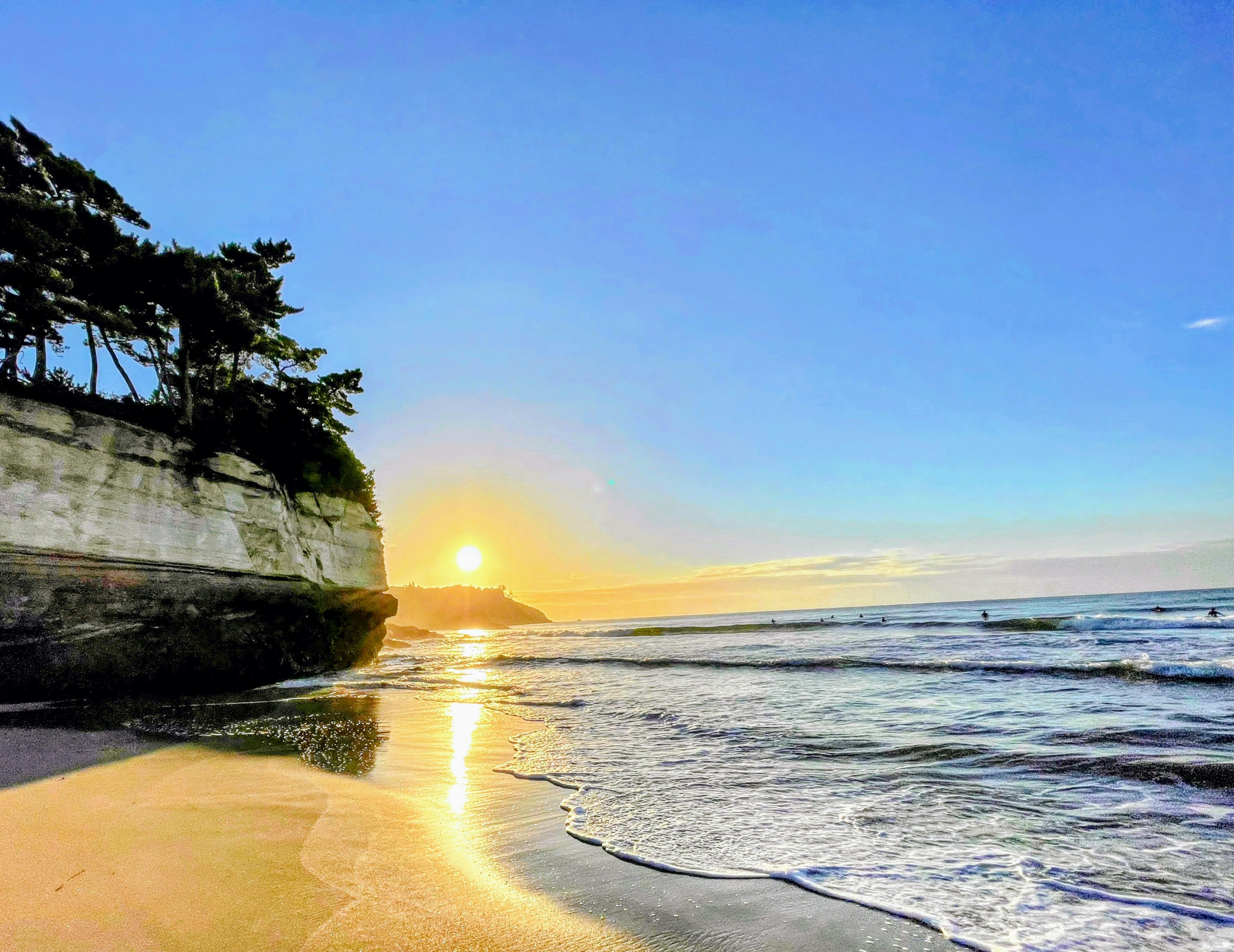 Beautiful beach sunset with waves lapping on the sandy shore and trees on the cliff