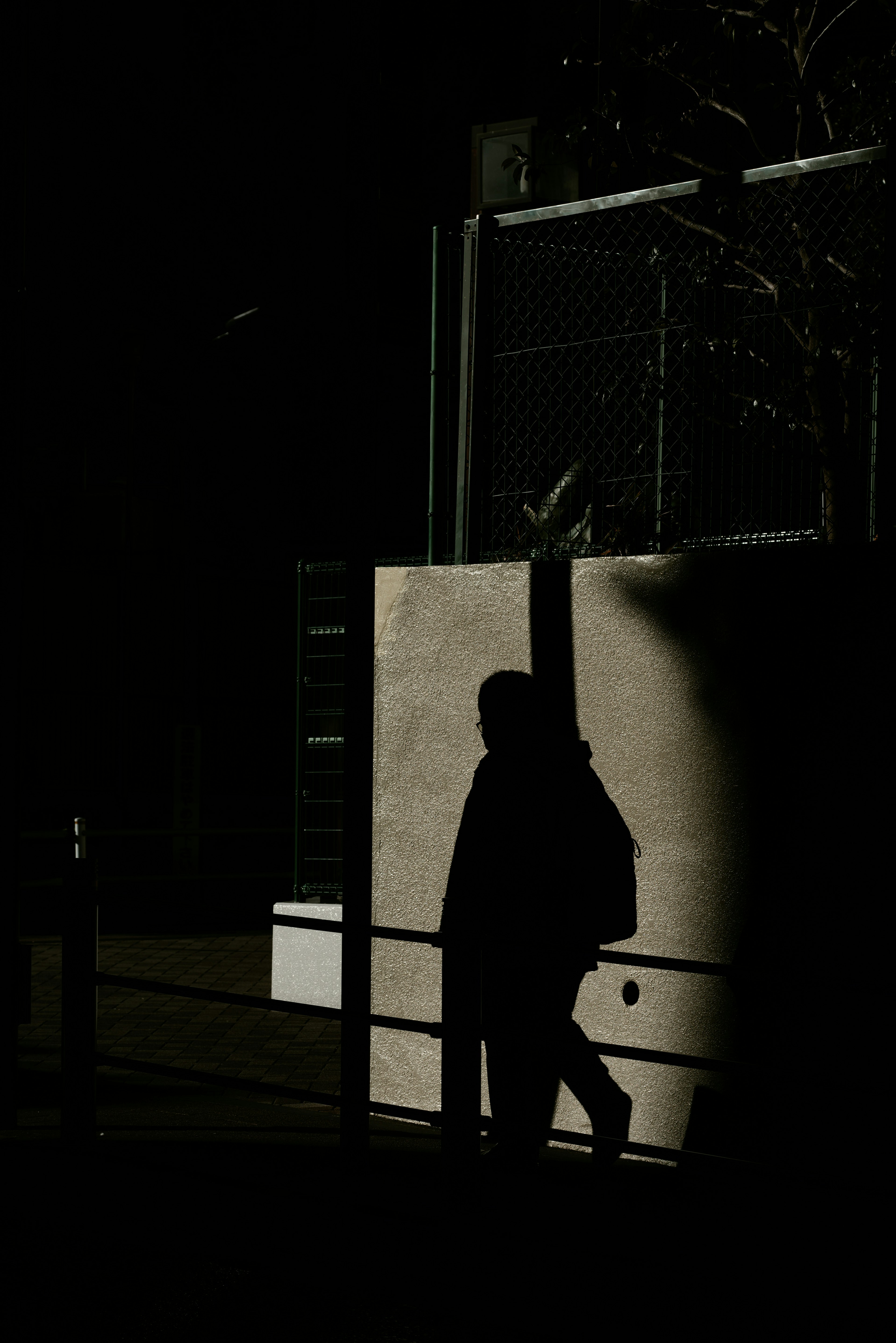 Silhouette einer Person, die im Schatten vor einem dunklen Hintergrund steht