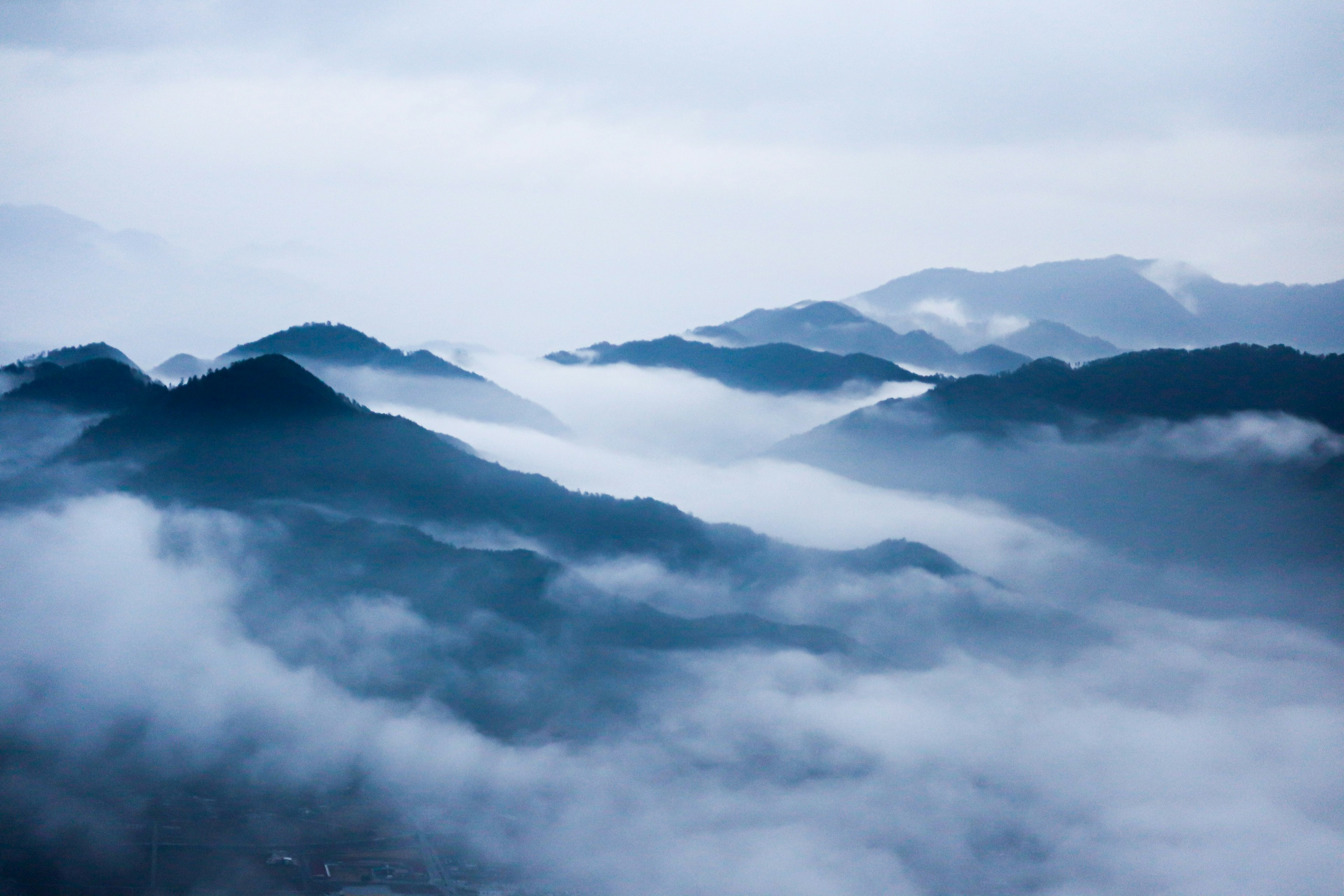 Vue panoramique de montagnes bleues enveloppées de brume