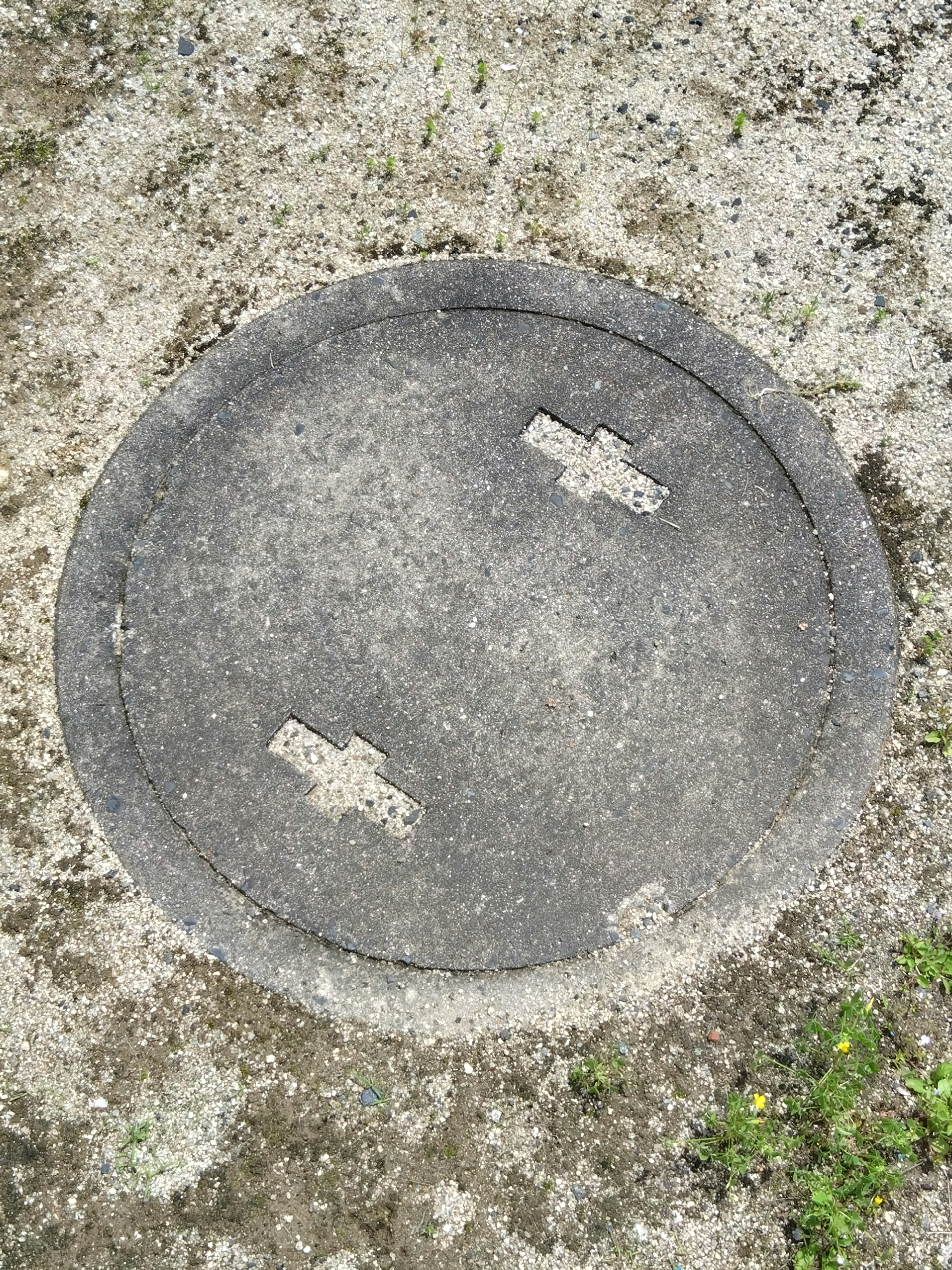 Image of a round manhole cover surrounded by grass and dirt