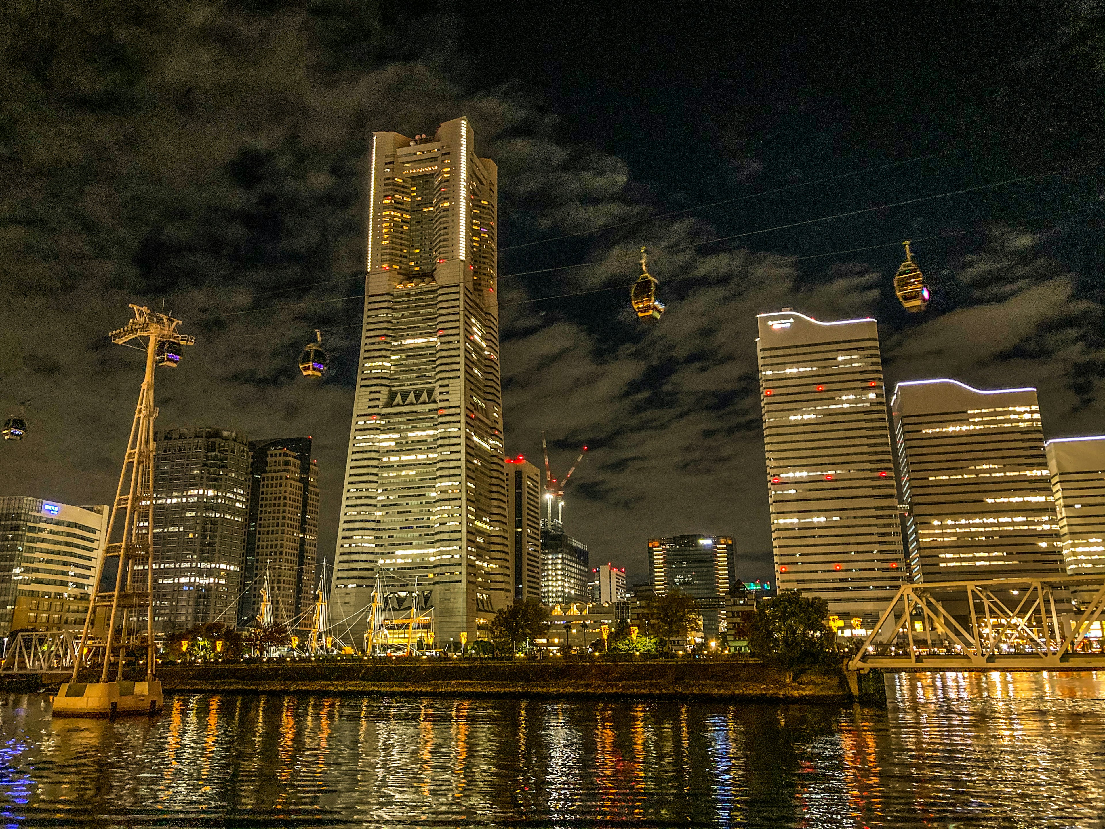 美麗的橫濱摩天大樓和纜車的夜景