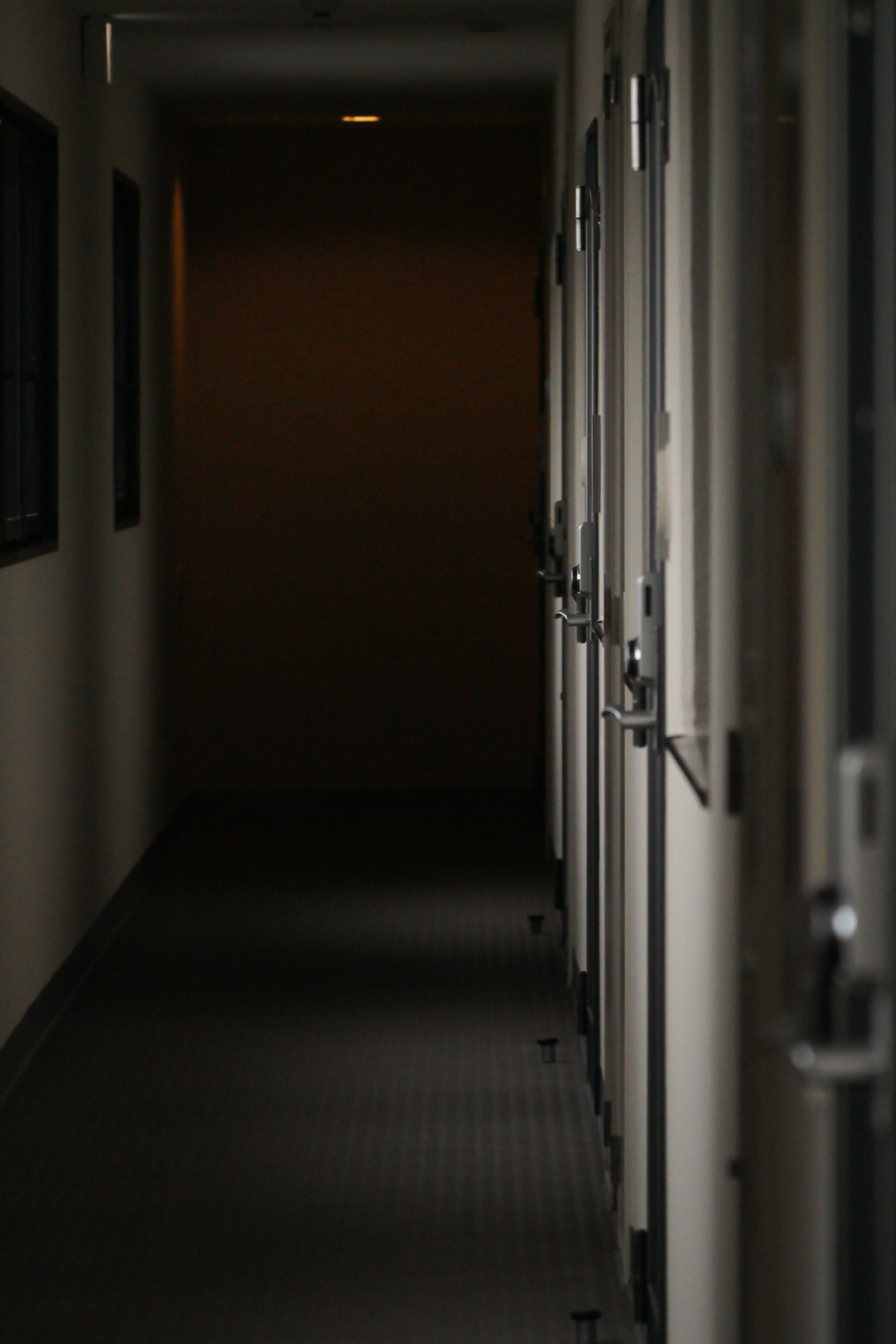 Dimly lit hallway featuring a series of doors