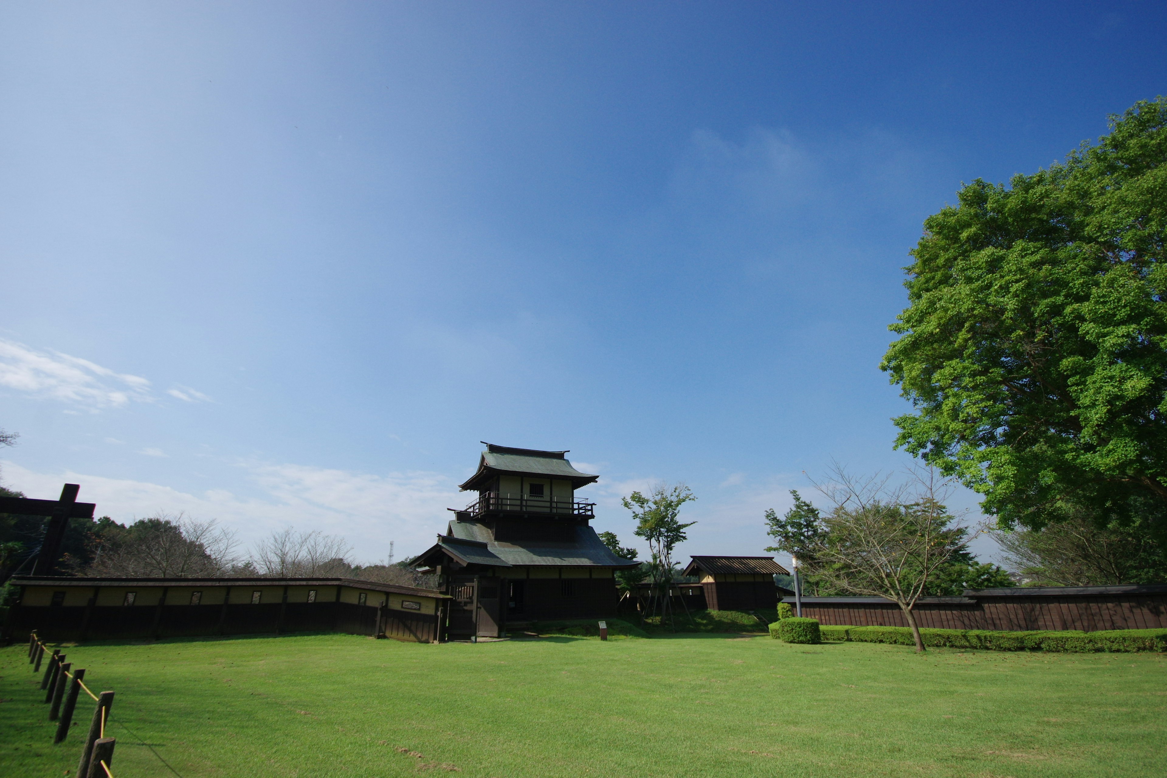 Kastil Jepang di bawah langit biru dengan rumput hijau