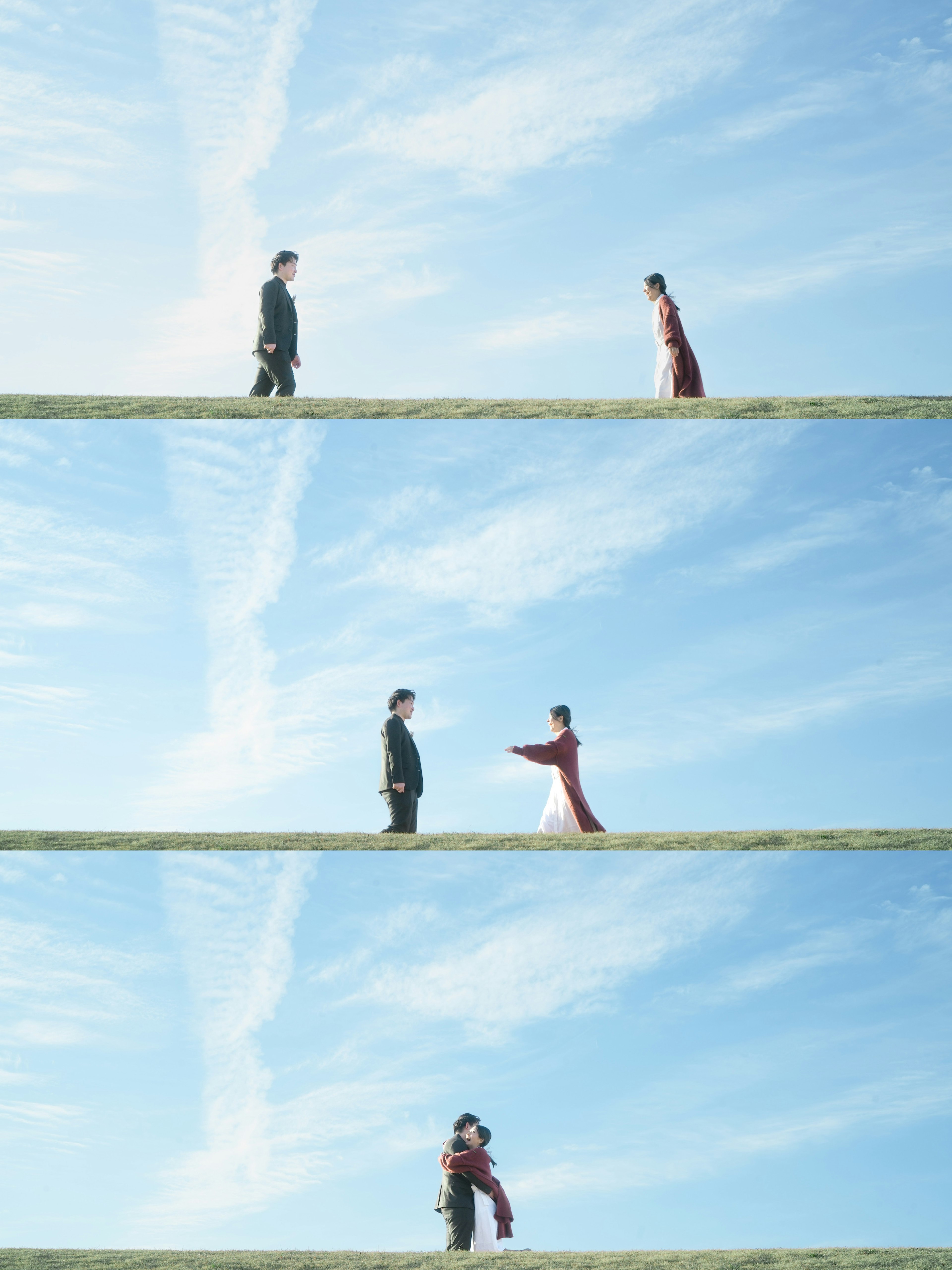 Three-panel scene of two figures facing each other under a blue sky