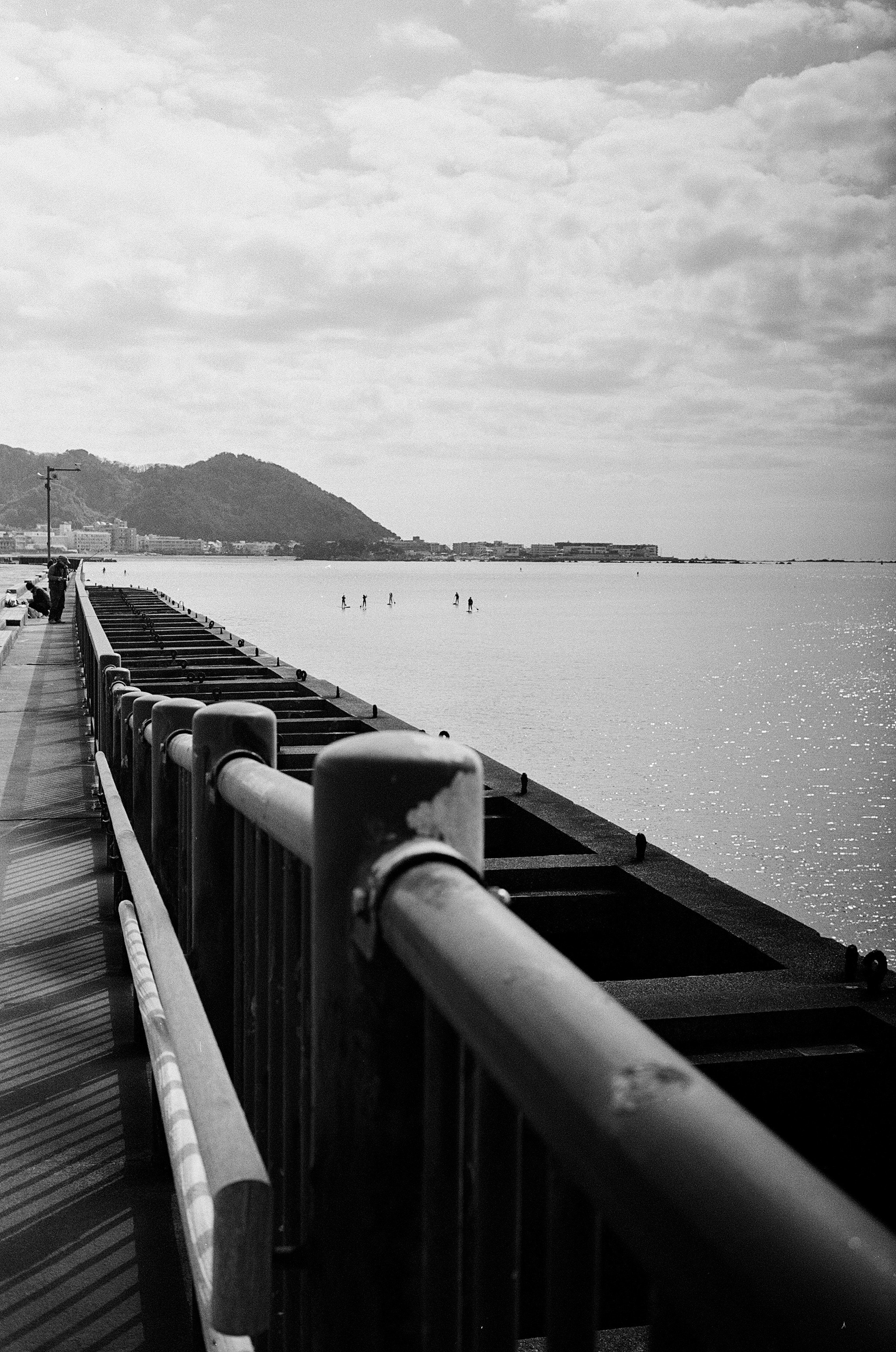 Schwarzweißfoto eines Piers entlang der Küste