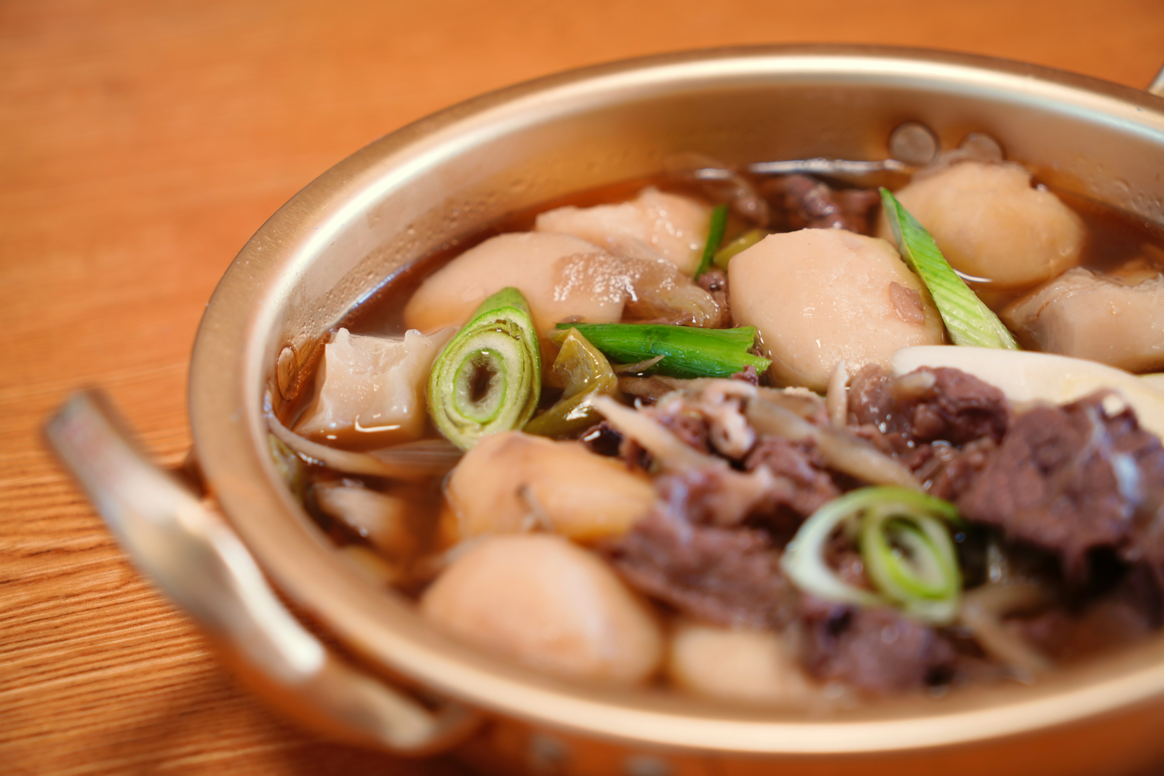 Un plat de viande et d'oignons verts dans un bouillon