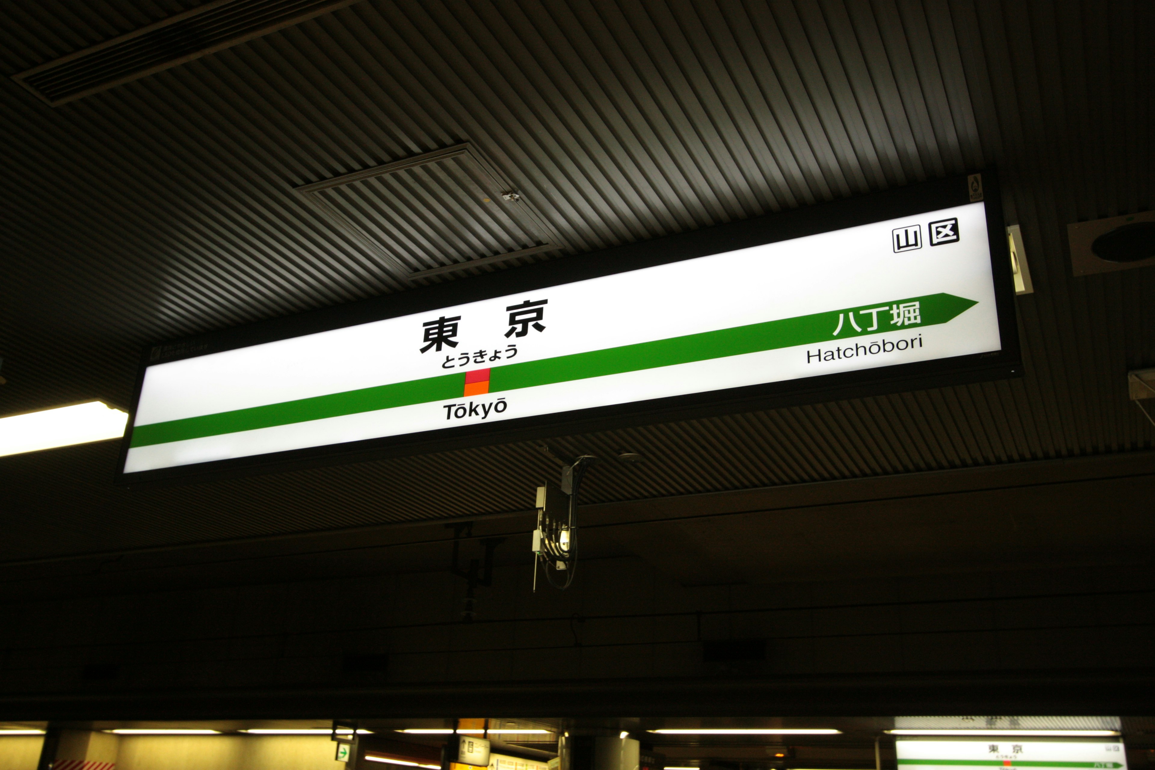 Tokyo station sign with green line and white background