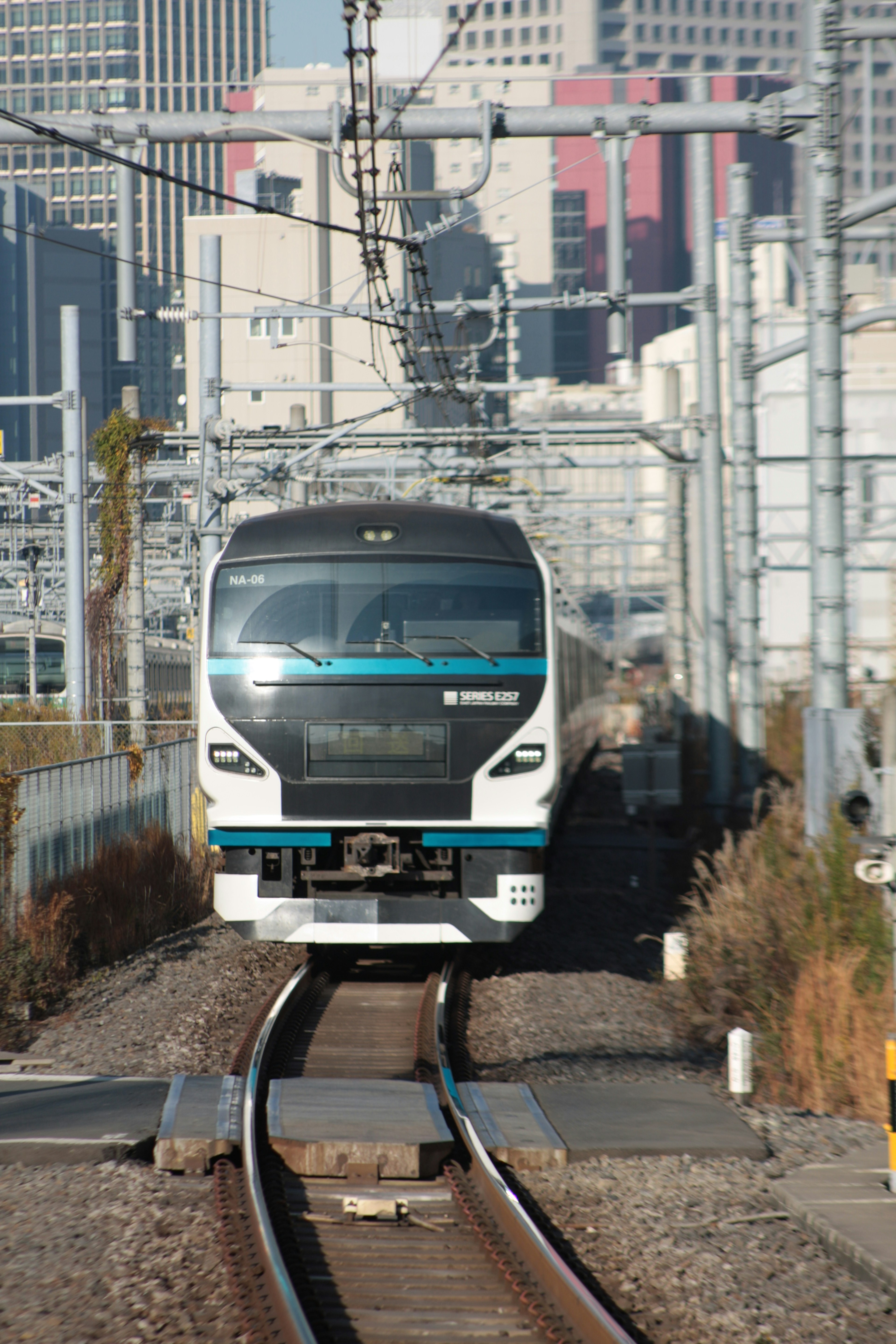 A white and blue train running on tracks with a city background