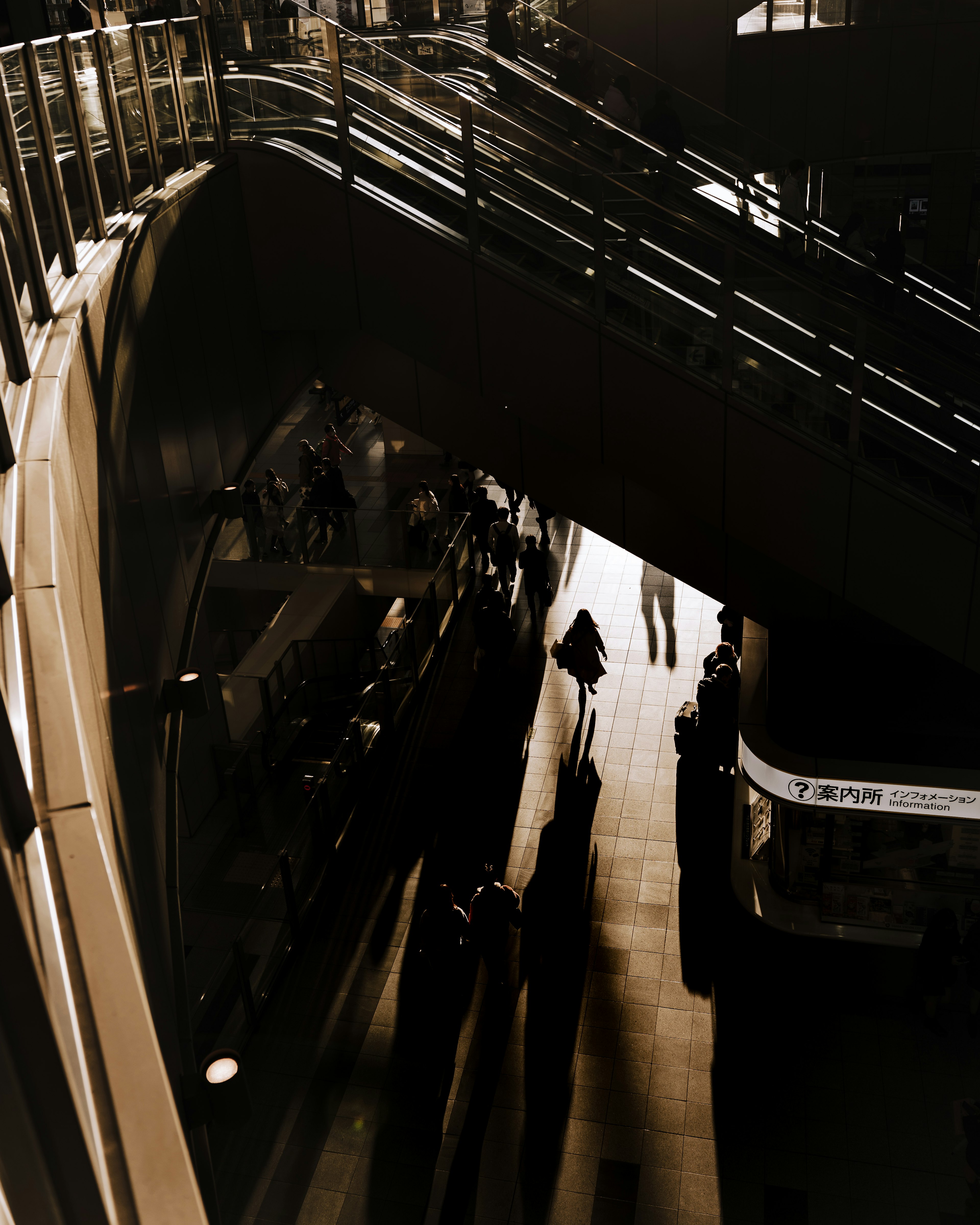 A person standing in a dark tunnel with contrasting light